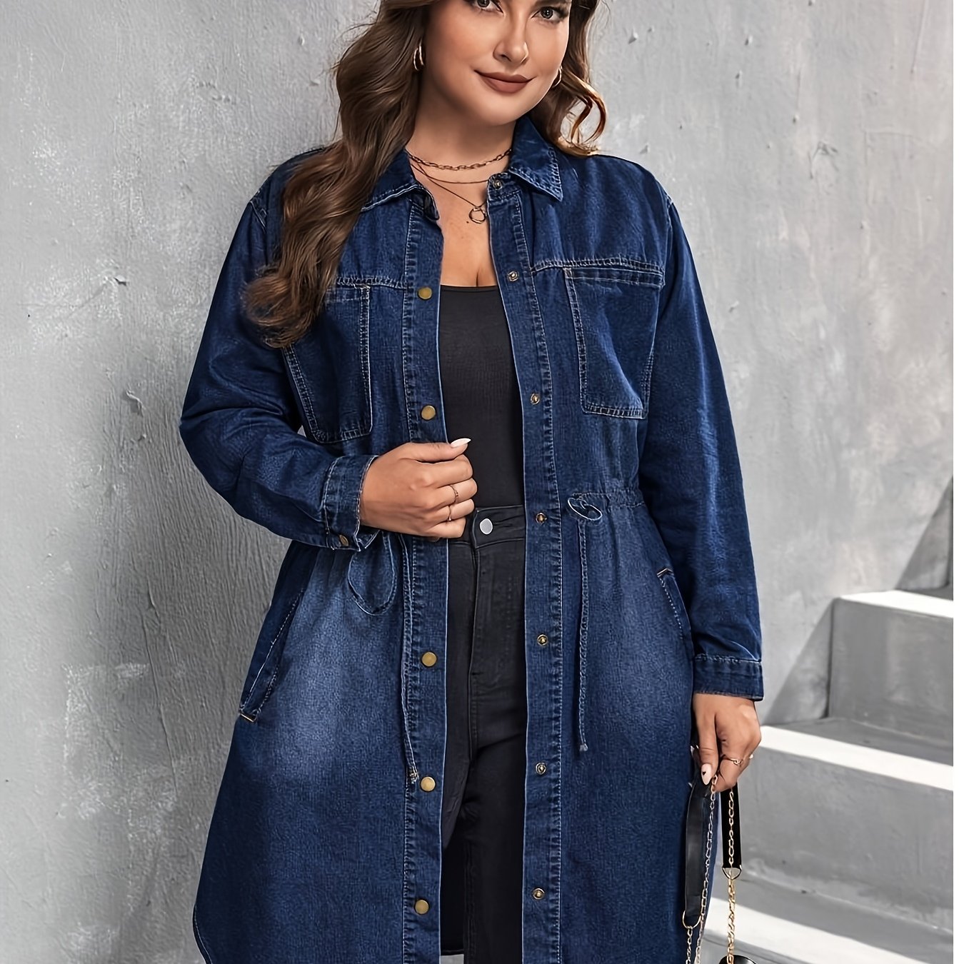 Women's Plus-size Jacket With Drawstring Waist, Long Sleeves, Casual And Loose Fit, Easy And Versatile Waist-tailored Windbreaker, Long-length Drawstring Cargo Jacket With Golden Buttons