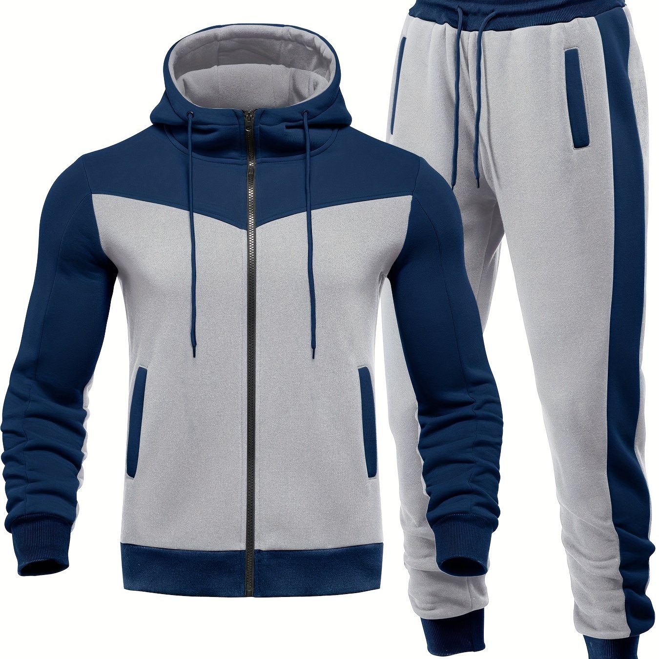 TEMU Men's Fall Hooded Sweatshirt Set, Casual Men's Sporty Cardigan Sweatshirt Set, Spliced Style