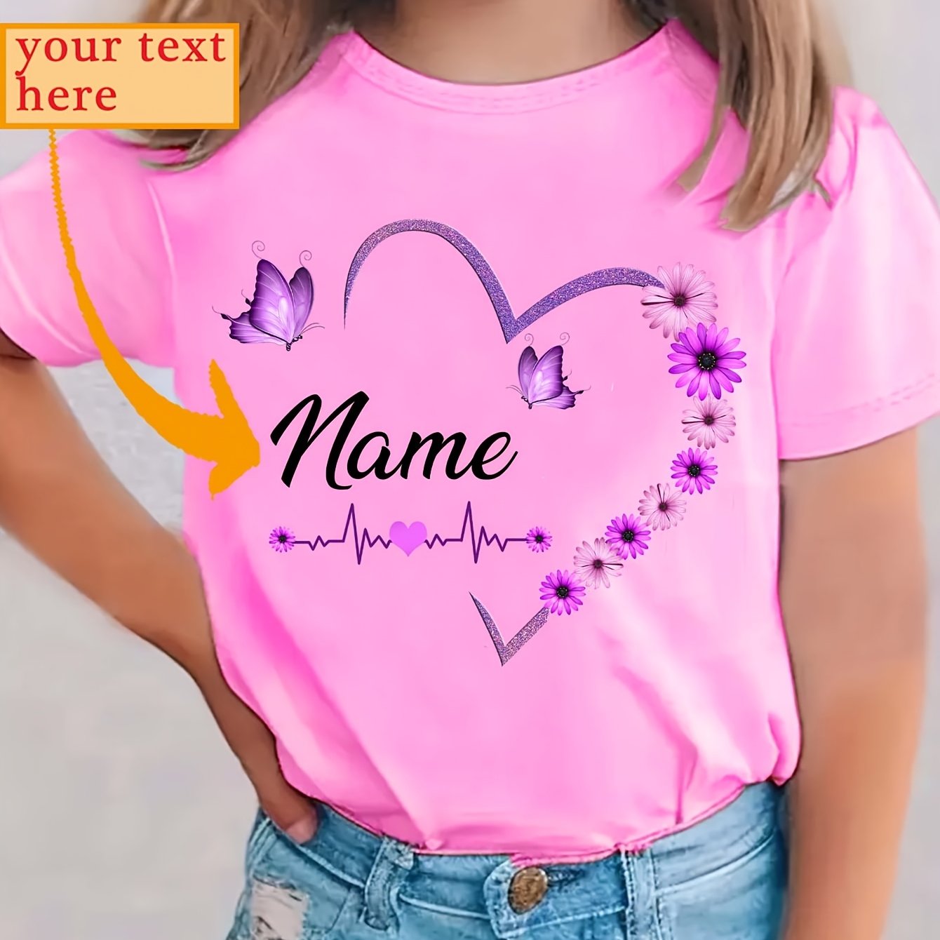 Image of Custom Dztx72012 Wml Girls' Name Custom Name Heart Print Fashion Trendy Casual Round Neck T-shirt