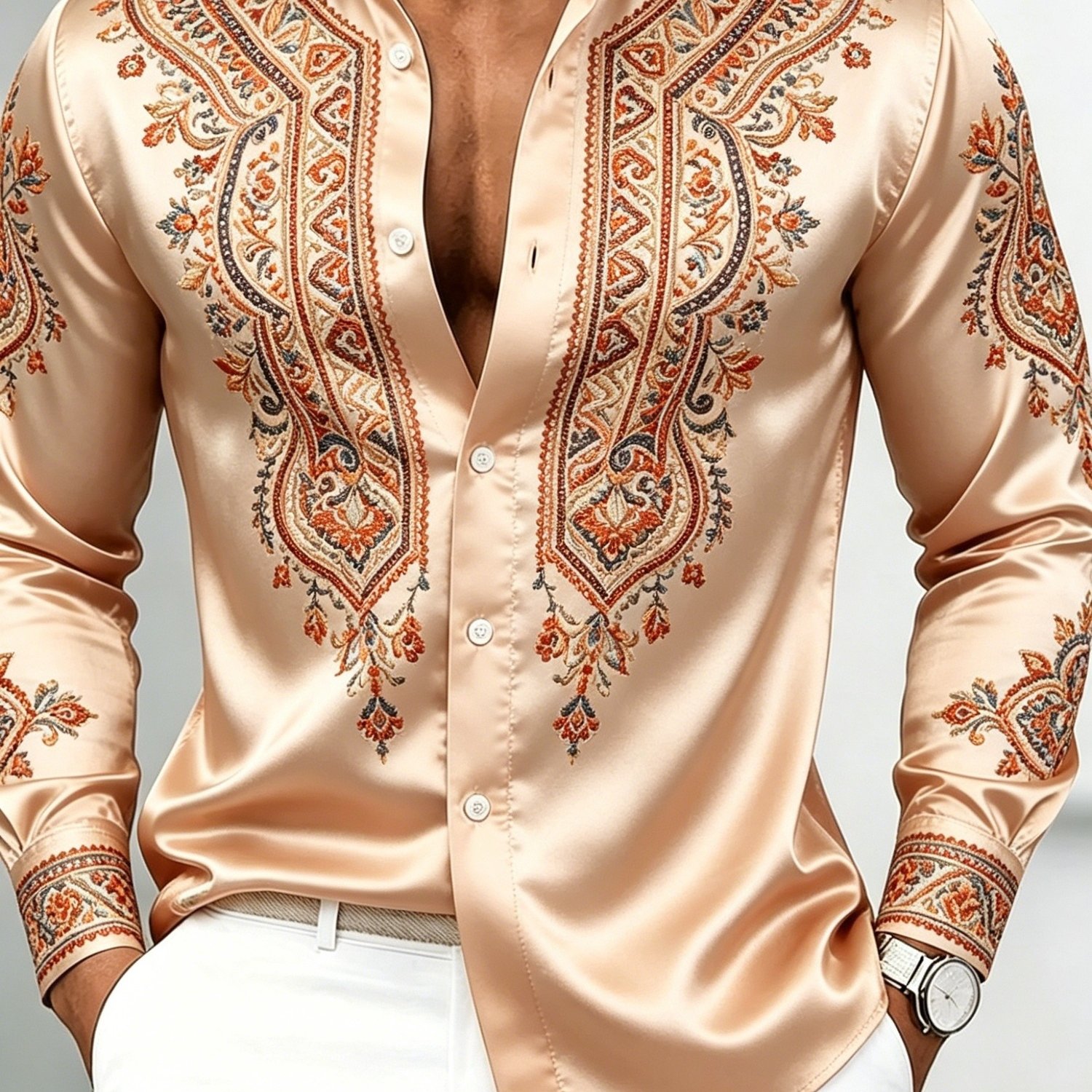 Image of Men's Long Sleeve Printed Shirt In Warm Beige Tone, Bohemian Style With Retro Pattern, Vacation Wear And Style Outfits