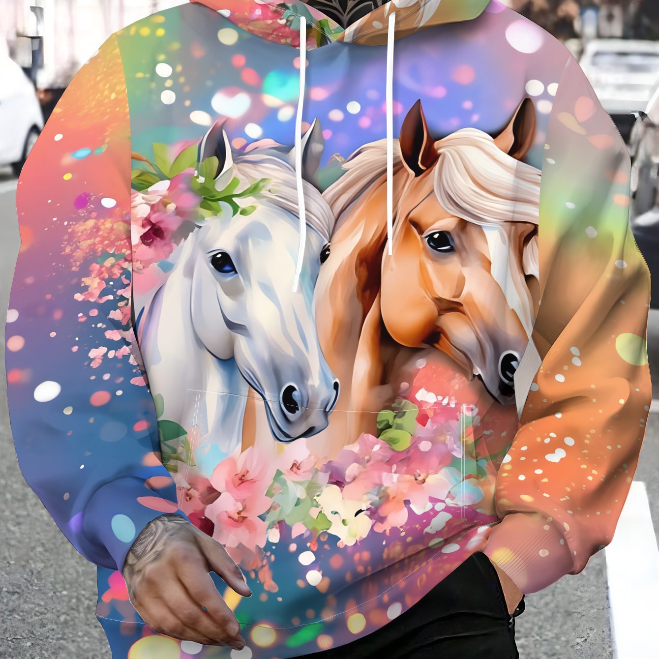 TEMU Men's Versatile Commuter Hoodie With 2 Horses, 1 Brown And , Headdress With Floral Ornament, Against A Background Of Colorful Light Spots And