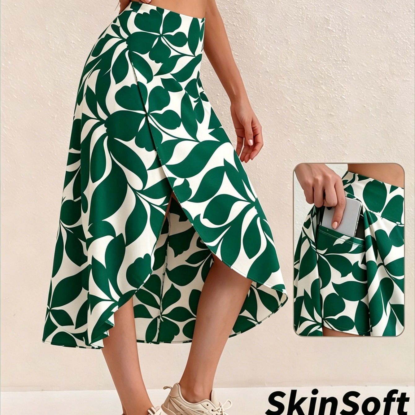 Image of Boho Navy Print Split Wrap Midi Skort For Women High Waisted Flowy Athletic Skirt With Pockets For Dance Golf Tennis And Everyday