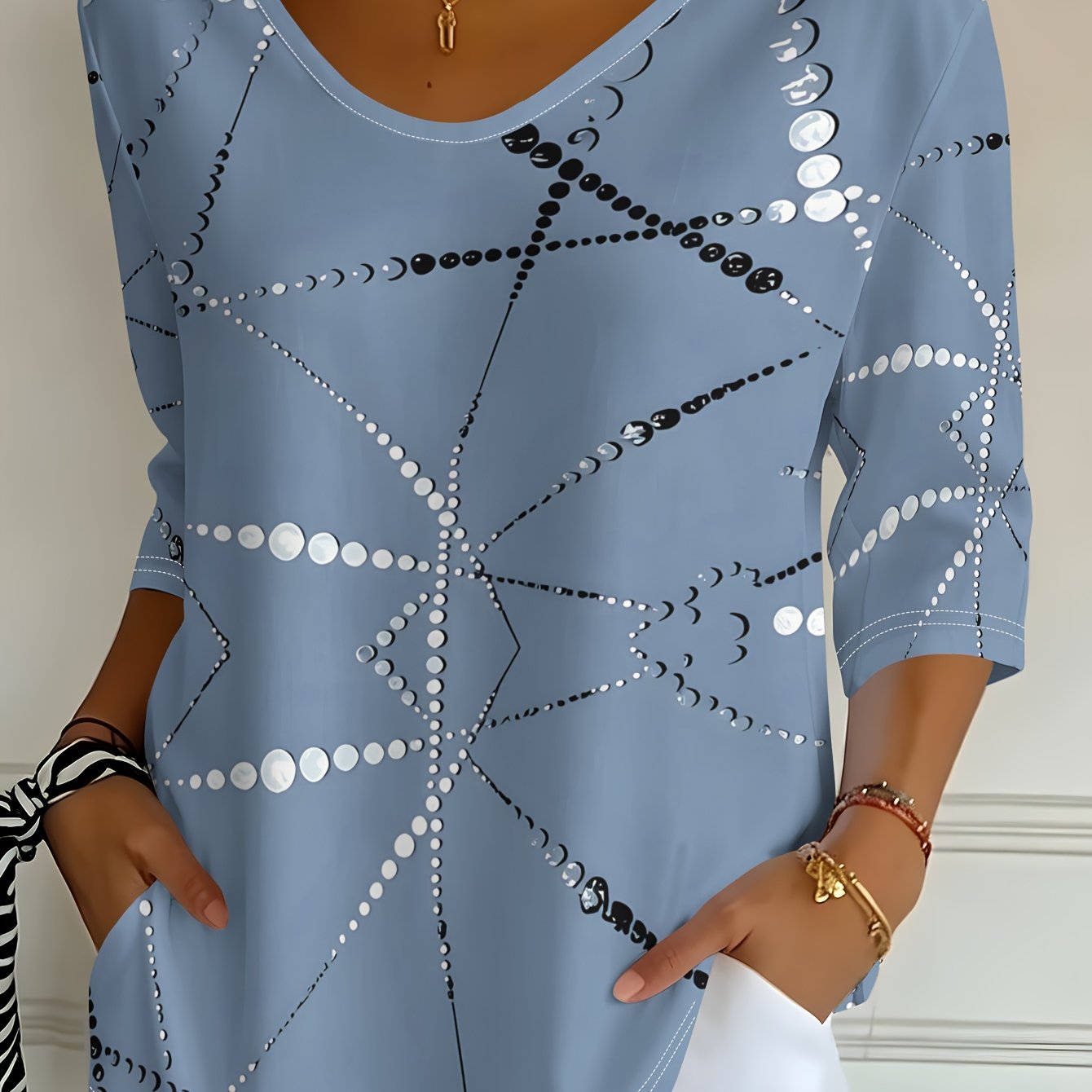 TEMU Women's Light Purple Geometric Bead String Printed Design - Not Textured/2d Printing Printed V-neck 3/4 Sleeve T-shirt, Spring Autumn Casual Top