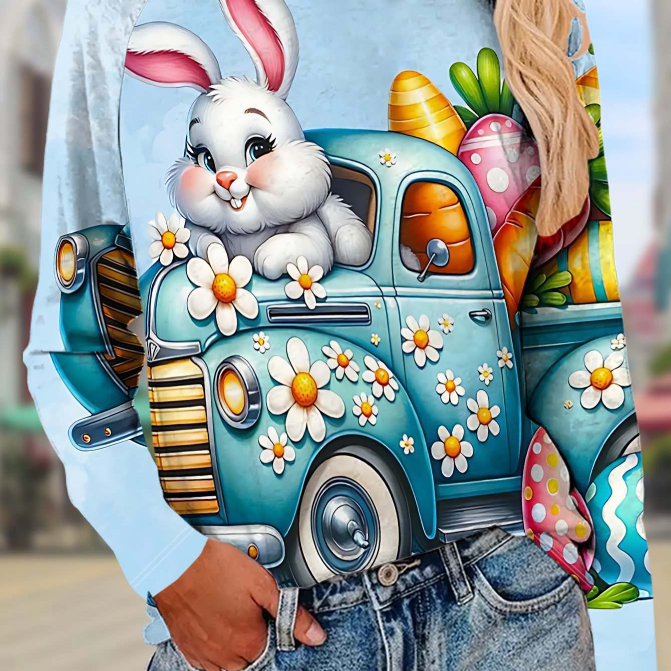 TEMU Women's Casual Crew Neck Printed T-shirt: Little White Rabbit Driving A Blue Truck Full Of Easter Eggs And Carrots - Suitable For , Comfortable