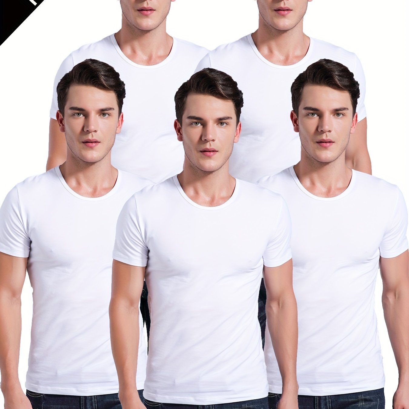 Image of 5pcs Men' Solid Color Short-sleeve T-shirts - Breathable Round Neck Gym Basic Tees For Fitness, Underwear & Layering | Casual Wear | Bulk Pack For Cost Savings (s/)