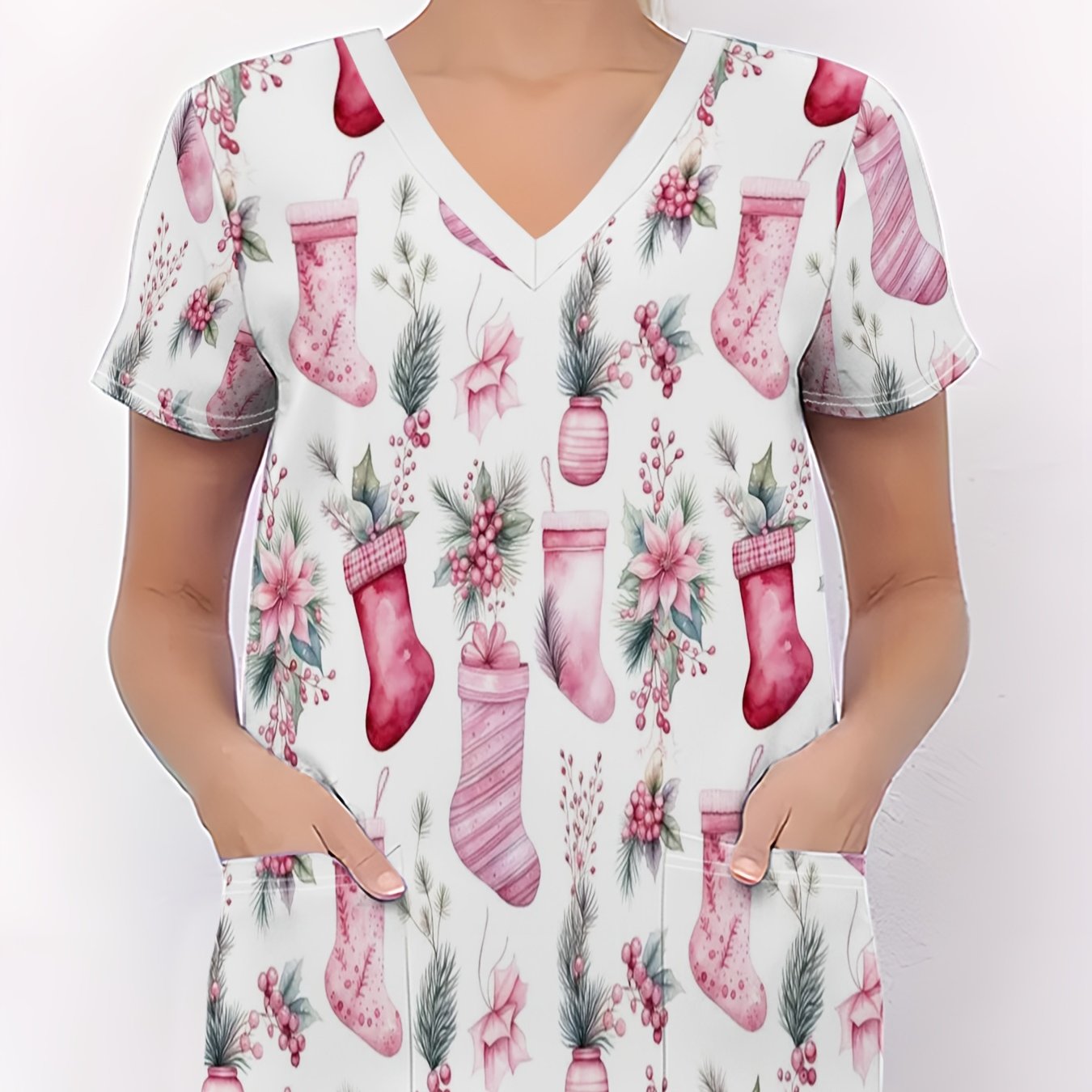 TEMU Christmas Women's Nurse Uniform, Pink Christmas Elements Seamless Pattern, Includes Socks, Pine Branches, And Flowers Printed T-shirt, Christmas