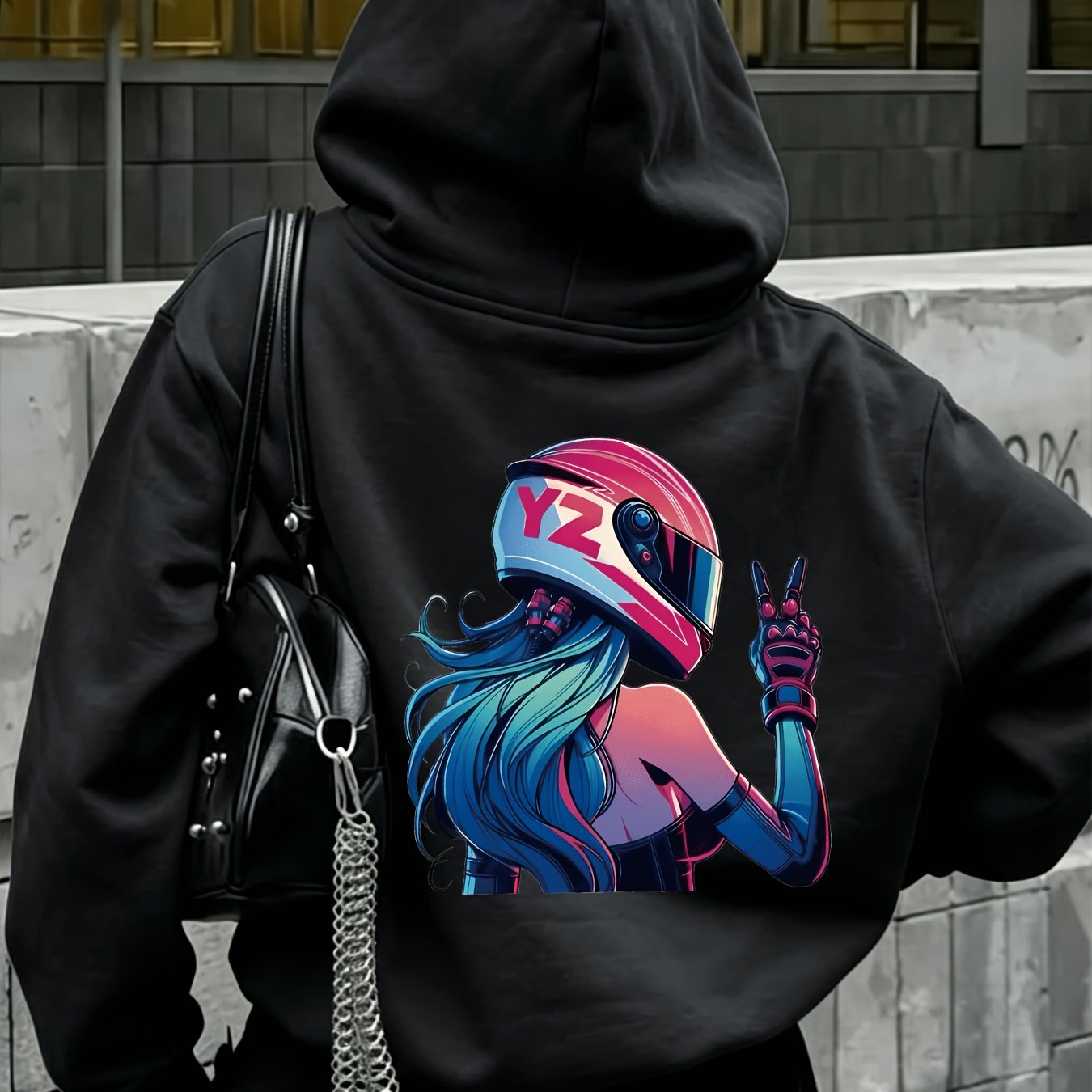 TEMU Biker "v" Gesture Women's Fashion Casual Sport Hoodie With Back Print
