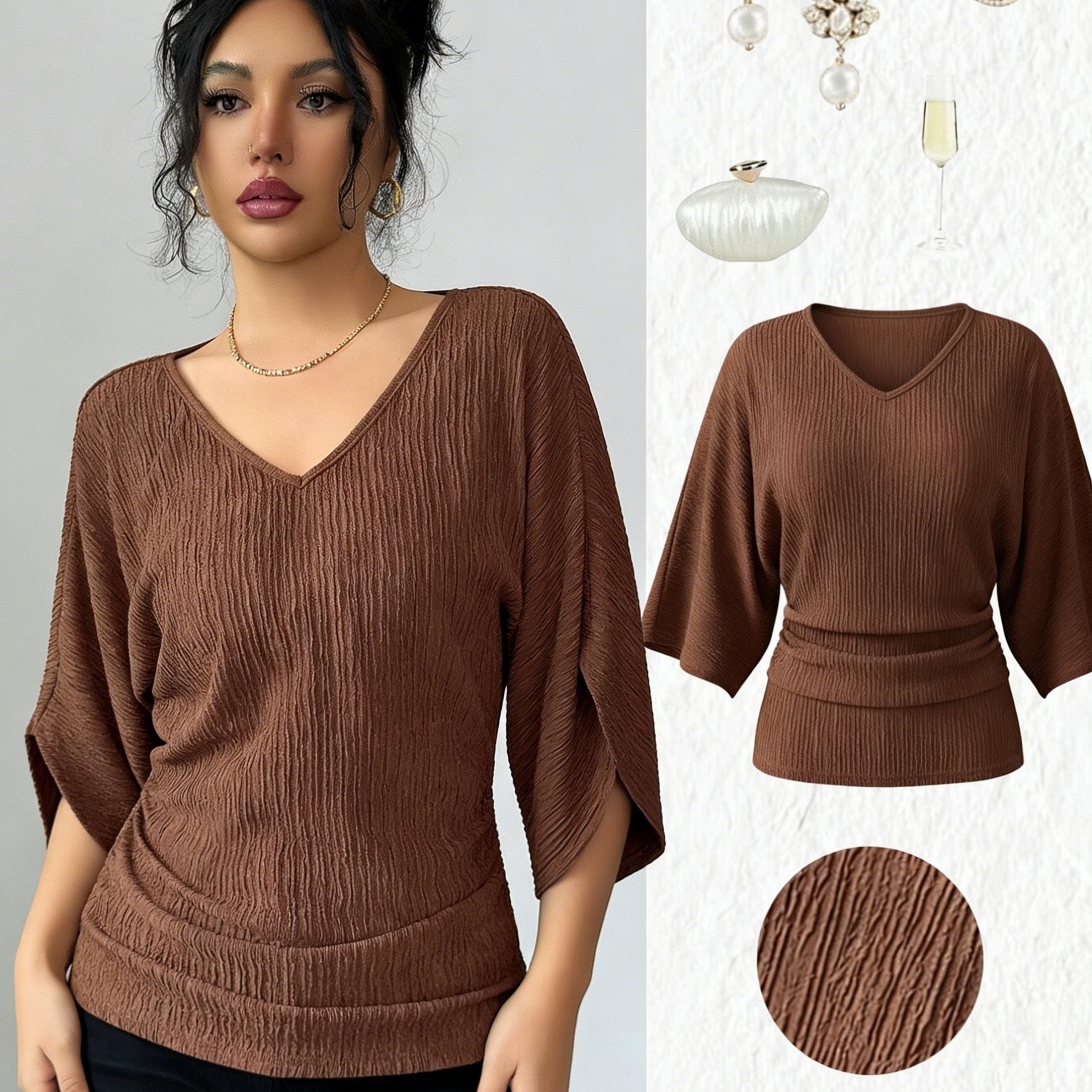 TEMU Elegant Style High-end Textured V-neck Top With Batwing Sleeves, Waist-cinching Fit, Gentle And Versatile Short-sleeve T-shirt