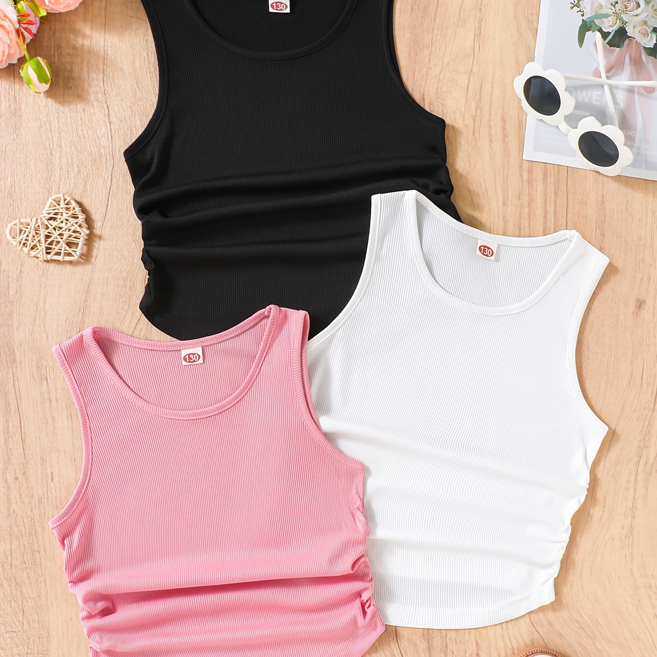 Summer Girls' Simple Versatile Sleeveless Round Neck Waist-cinching Tank Top 3pcs Set
