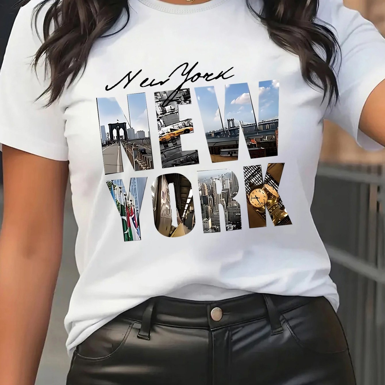 TEMU Ladies Casual Sport Short Sleeve T-shirt, Polyester Fiber, Base With City Collage Print, Trendy Urban Design, For Daily Wear