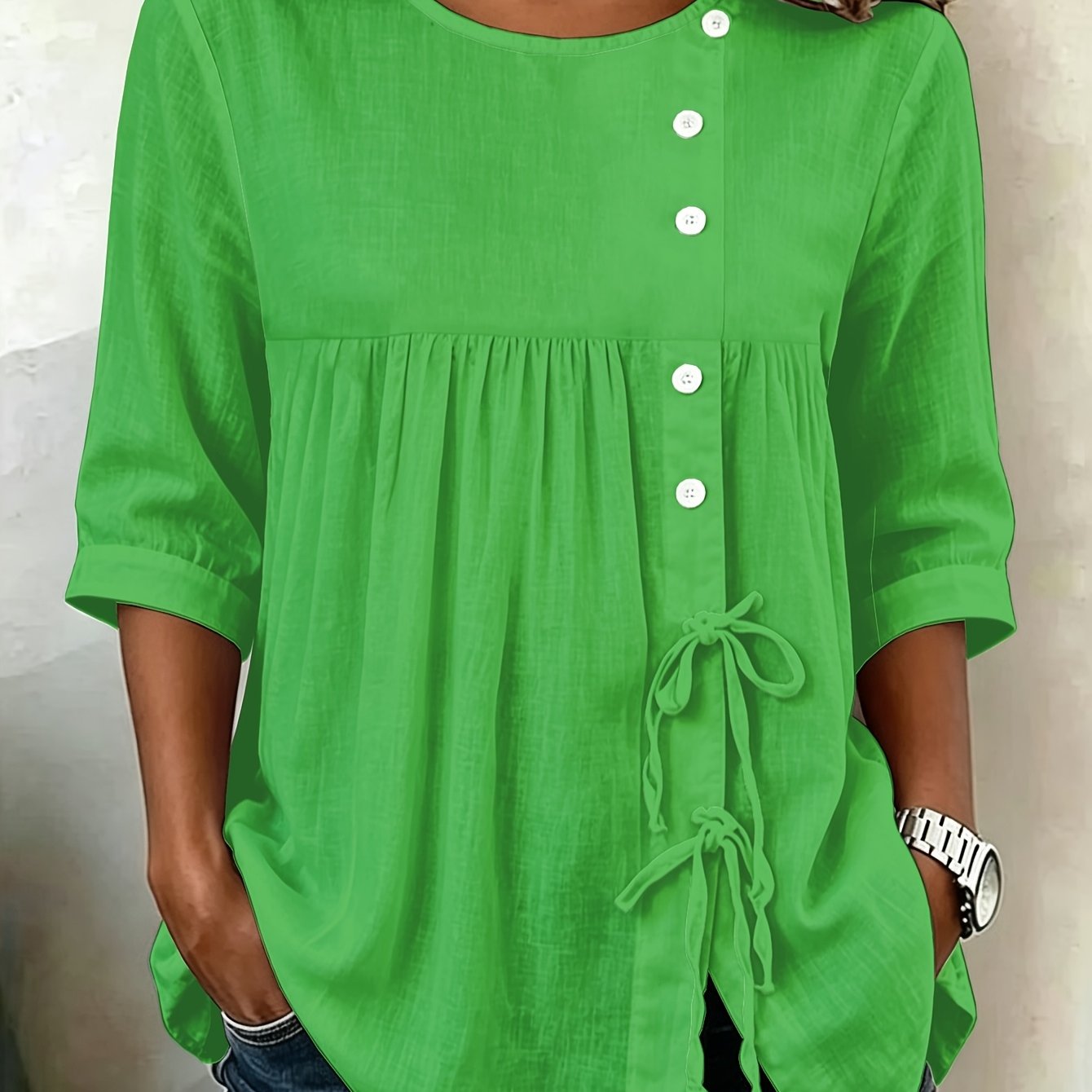 TEMU Plus Size, Plus Size Women' Color Button Tie Front Blouse, Casual Loose Fit Long Sleeve Top, Daily Wear Shirt Curvy Figures The Lacing Random