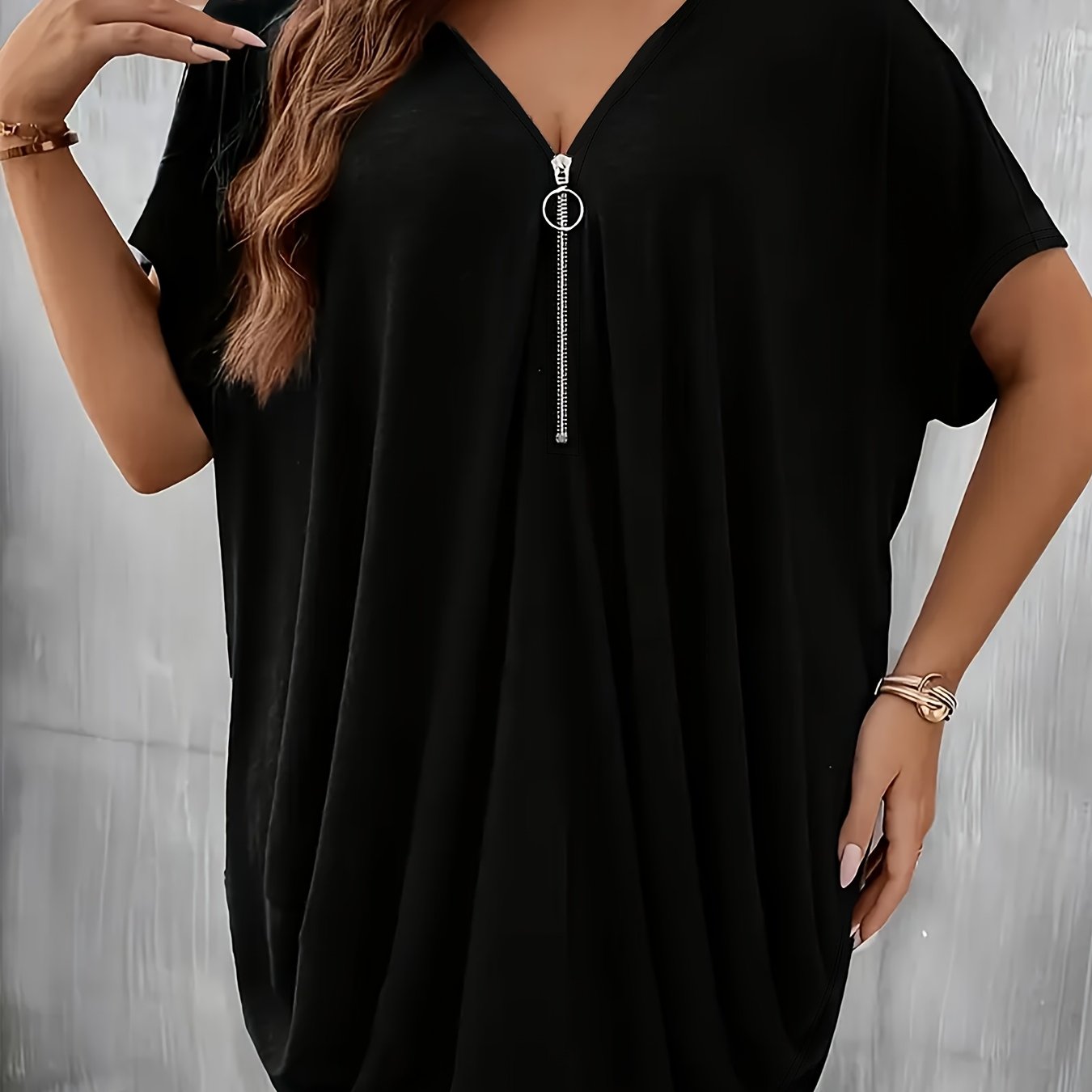 E-shop Plus Size - Plus Size - Plus Size Damen Sommer Elegante Klassische Lockerer Reißverschluss Einfarbiges Oberteil