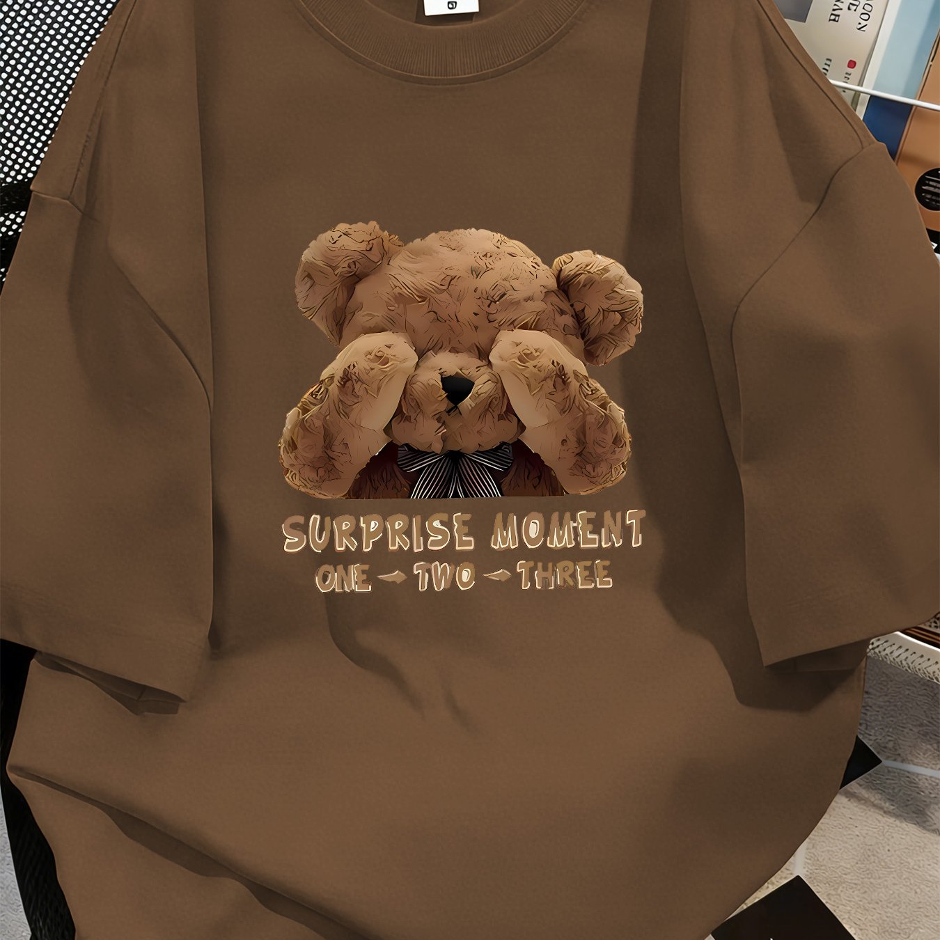 TEMU Women's Oversized Plush Bear Surprise T-shirt - Soft Loose Fit Short Sleeve Top With Surprise Moment Letter Print & Bear, Spring Summer Fall