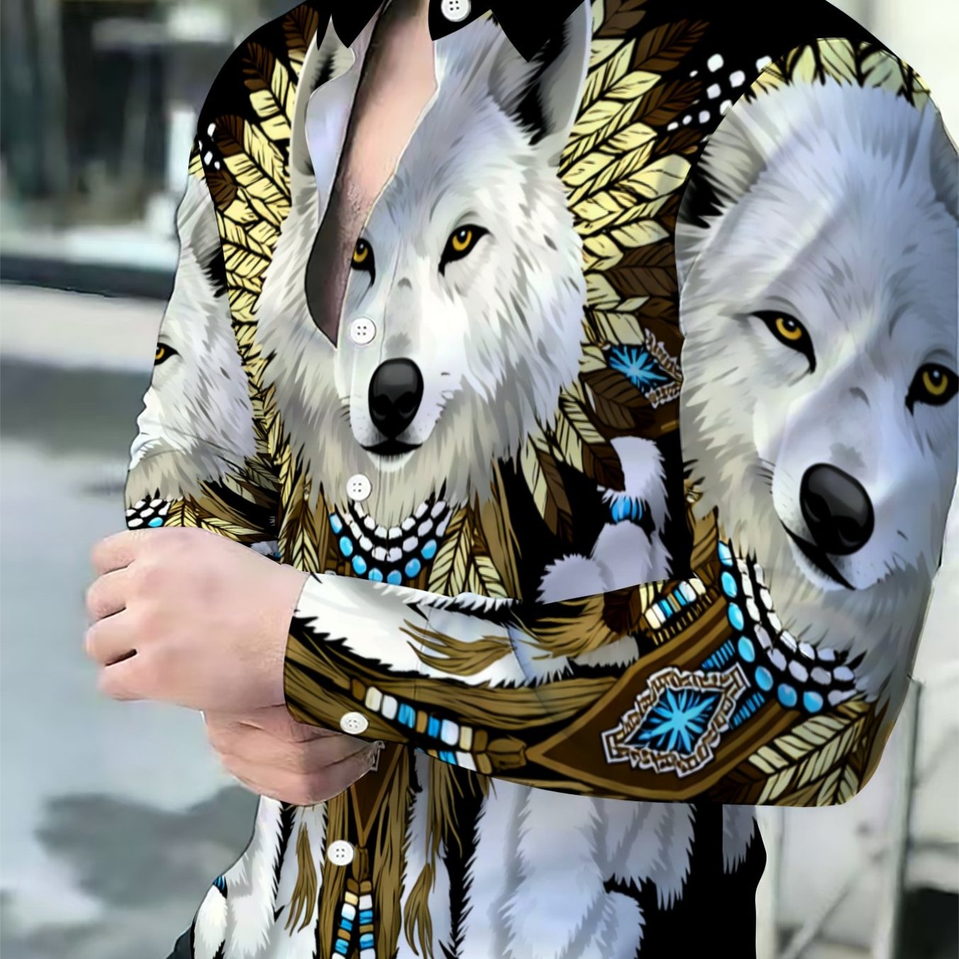 TEMU Men's Wolf Head Print Fashion Shirt, Ethnic Style