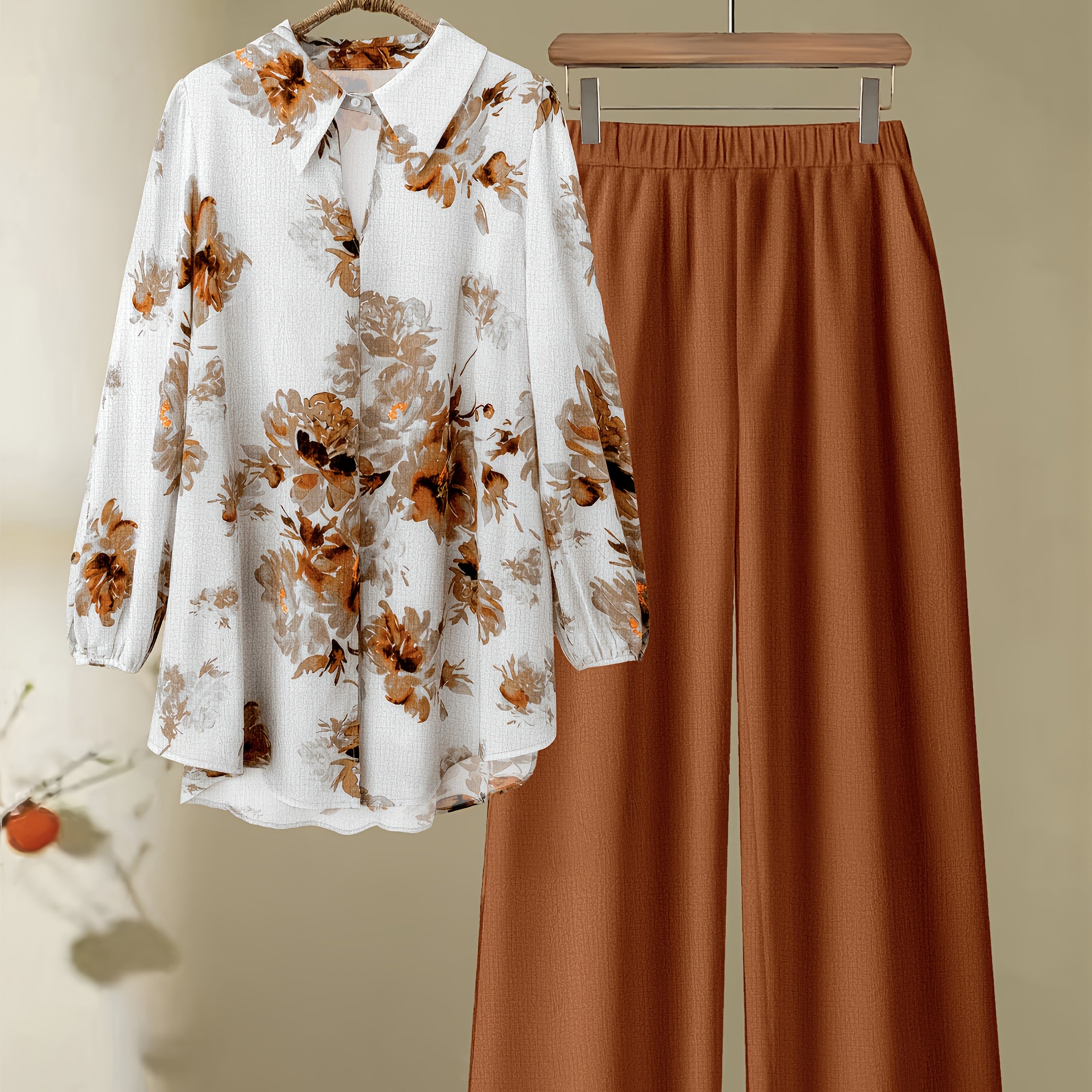 Image of Spring/autumn Women's Fashion Casual Floral Print Shirt And Long Pants Set