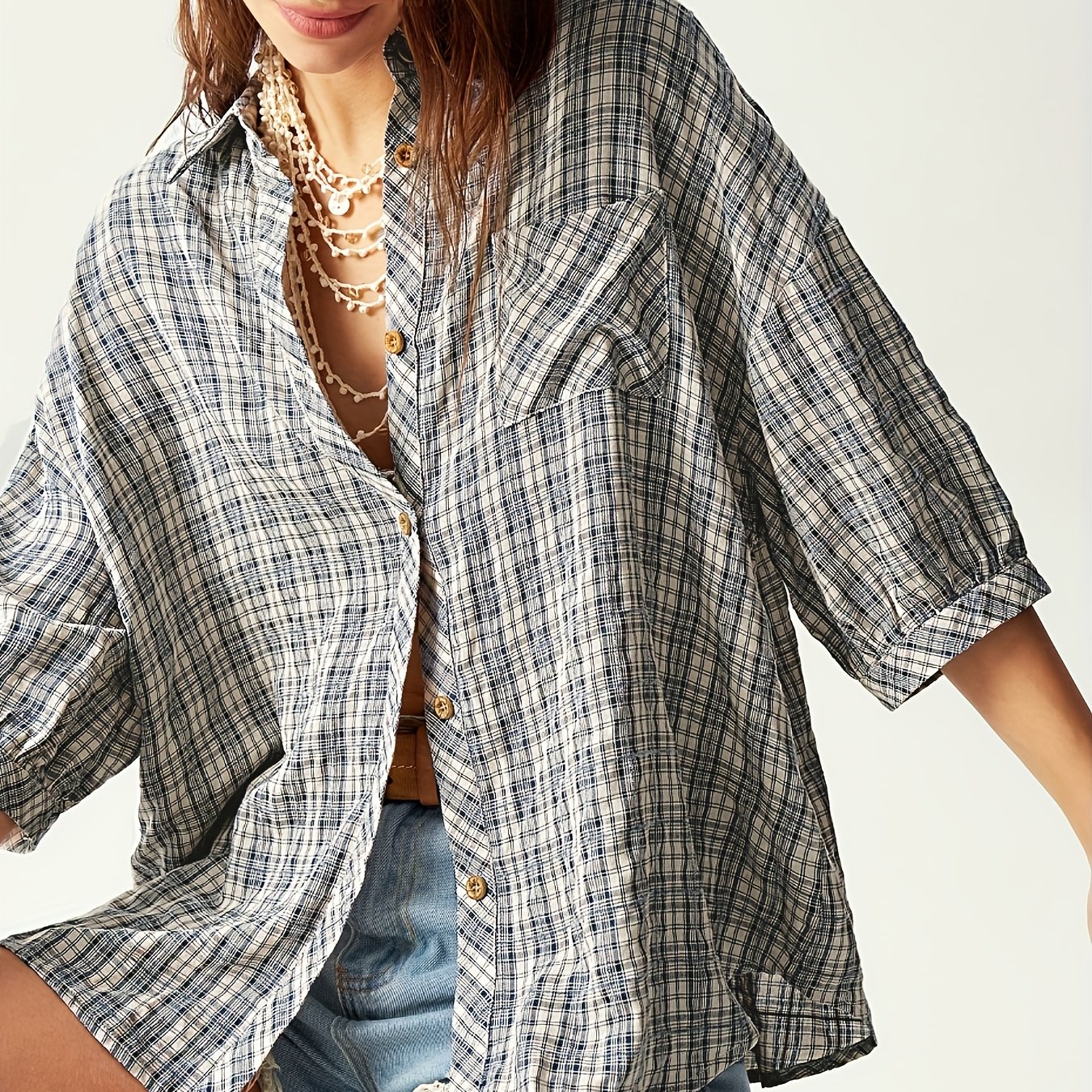 E-shop Damen Casual Kariertes Kurzarm-Lockeres Oberteil