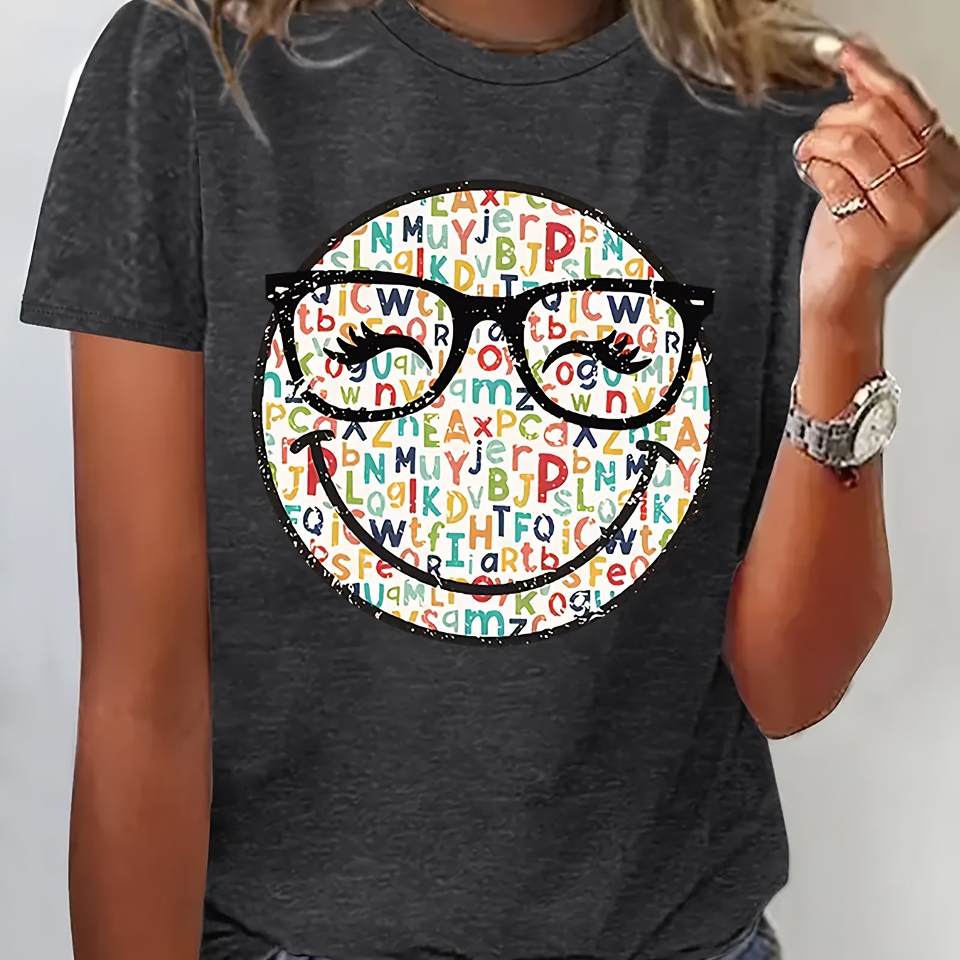 E-shop T-Shirt mit rundeckem Buchstaben-Print, lässiges Kurzarm-Oberteil für Frühling und Sommer