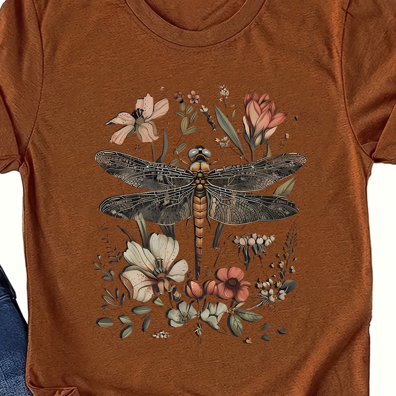 TEMU 1pc Vintage Floral Dragonfly Print T-shirt For Women, Casual Round Neck Short Sleeve Top, Polyester Knit Fabric, Regular Fit