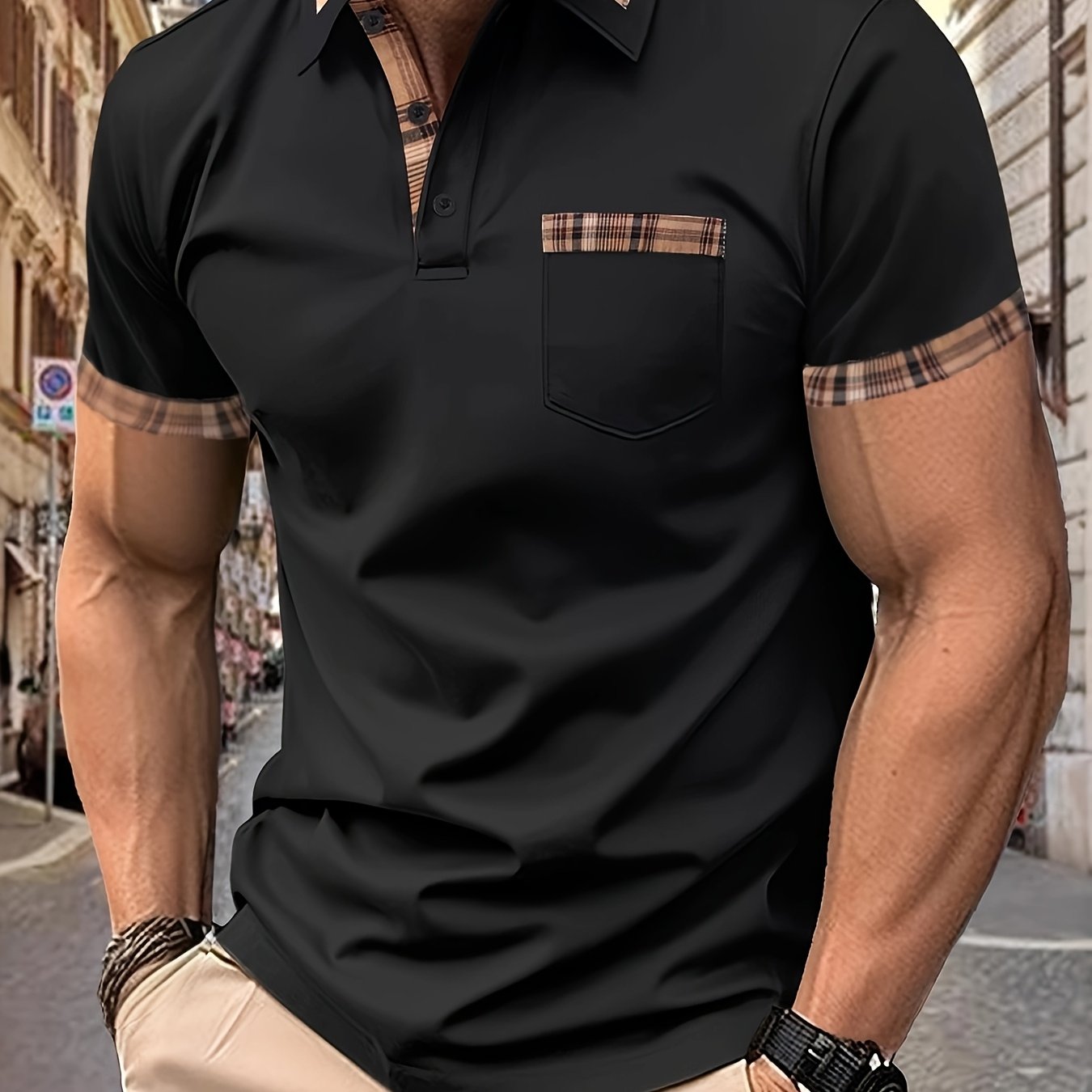 Image of Men's Fashion Casual Western Cross-border Lapel Solid Checkered Pocket Short-sleeve Shirt