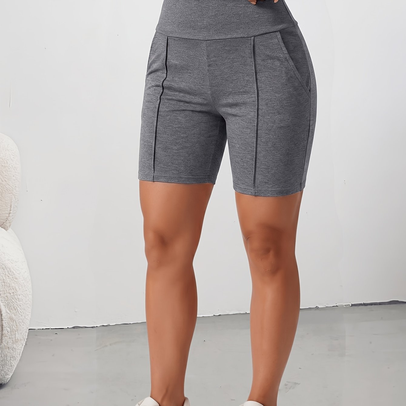 TEMU Women's High-waist Tummy Control Shorts With Side Pocket - Non-sheer & Shorts Suitable For, Casual Wear, Spring Summer Shorts, Machine Washable