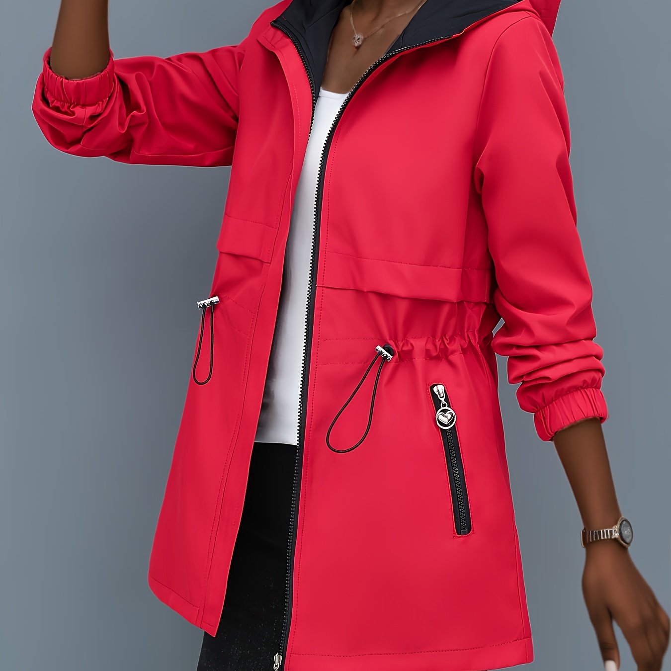 TEMU Women's Reversible Trench Coat Jacket - Waist Zippered Front Zipper Hooded Suitable For Outdoor, Machine-washable Lightweight Outerwear With