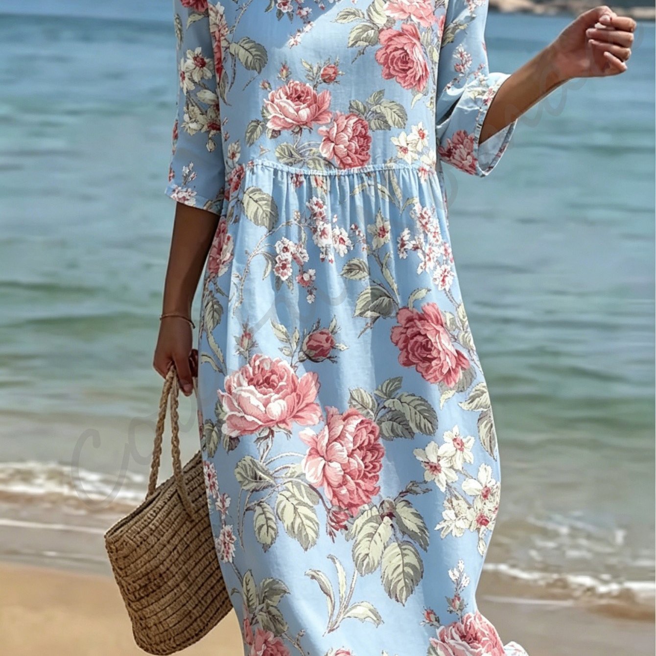 Women's Summer Beach Dress, Round Neck And Three-quarter Sleeves, Made Of Breathable And Skin-friendly Polyester Fabric, Loose And Comfortable, Floral Print, Elegant And Gentle .