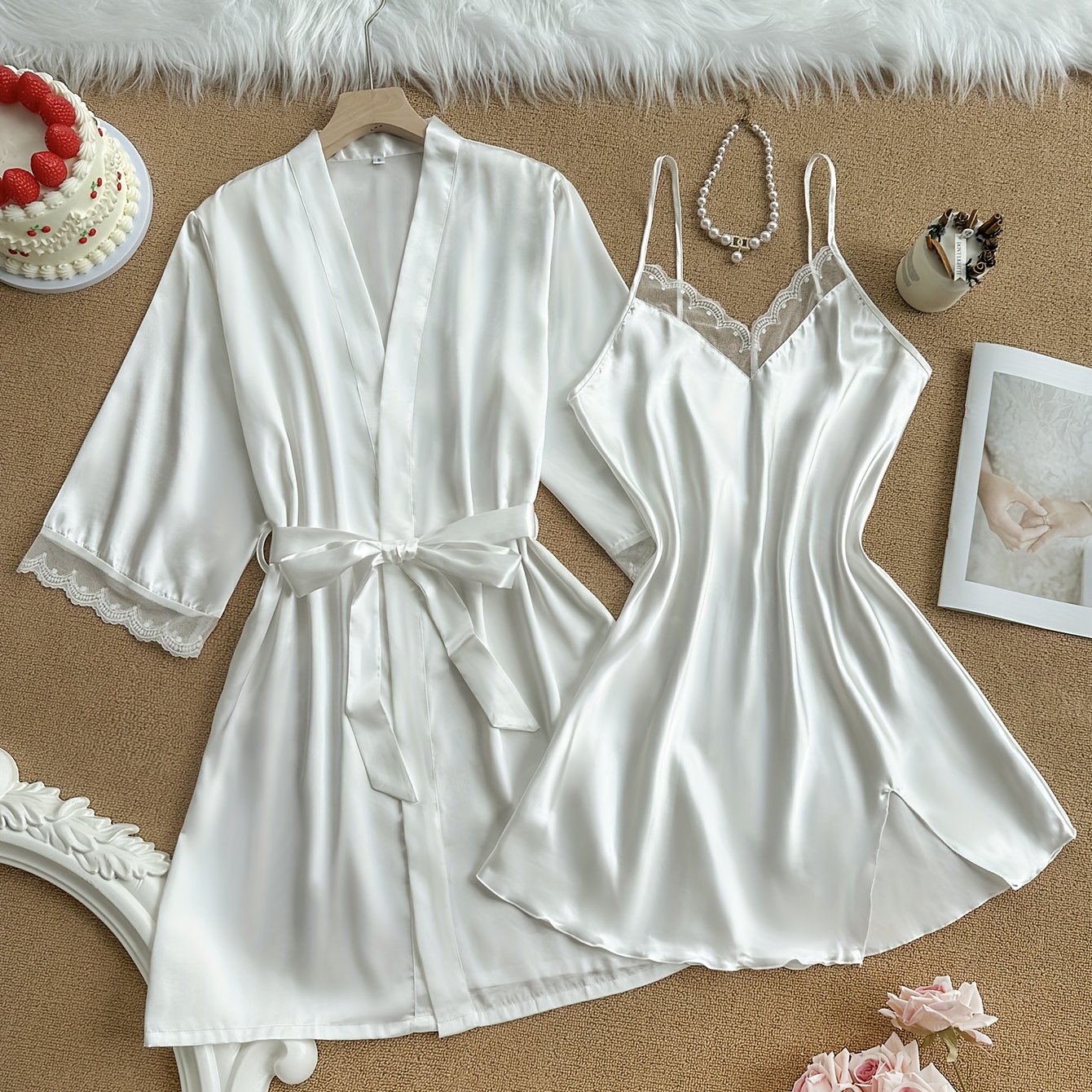 E-shop 2-teiliges elegantes Damen-Schlafanzug-Slip-Bademantel-Set mit Spitzenbesatz, bequemes schlichtes Nachthemd/Bademantel für alle Jahreszeiten