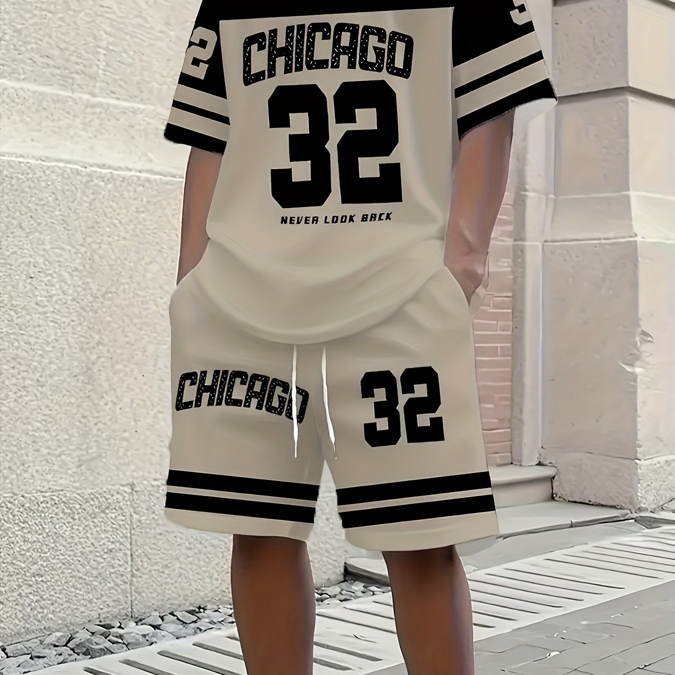TEMU 2pcs Men's Urban Theme Oversized "32" Number Pattern T-shirt And Shorts Set, Breathable Black And White Athletic Summer Outfit, Machine Washable