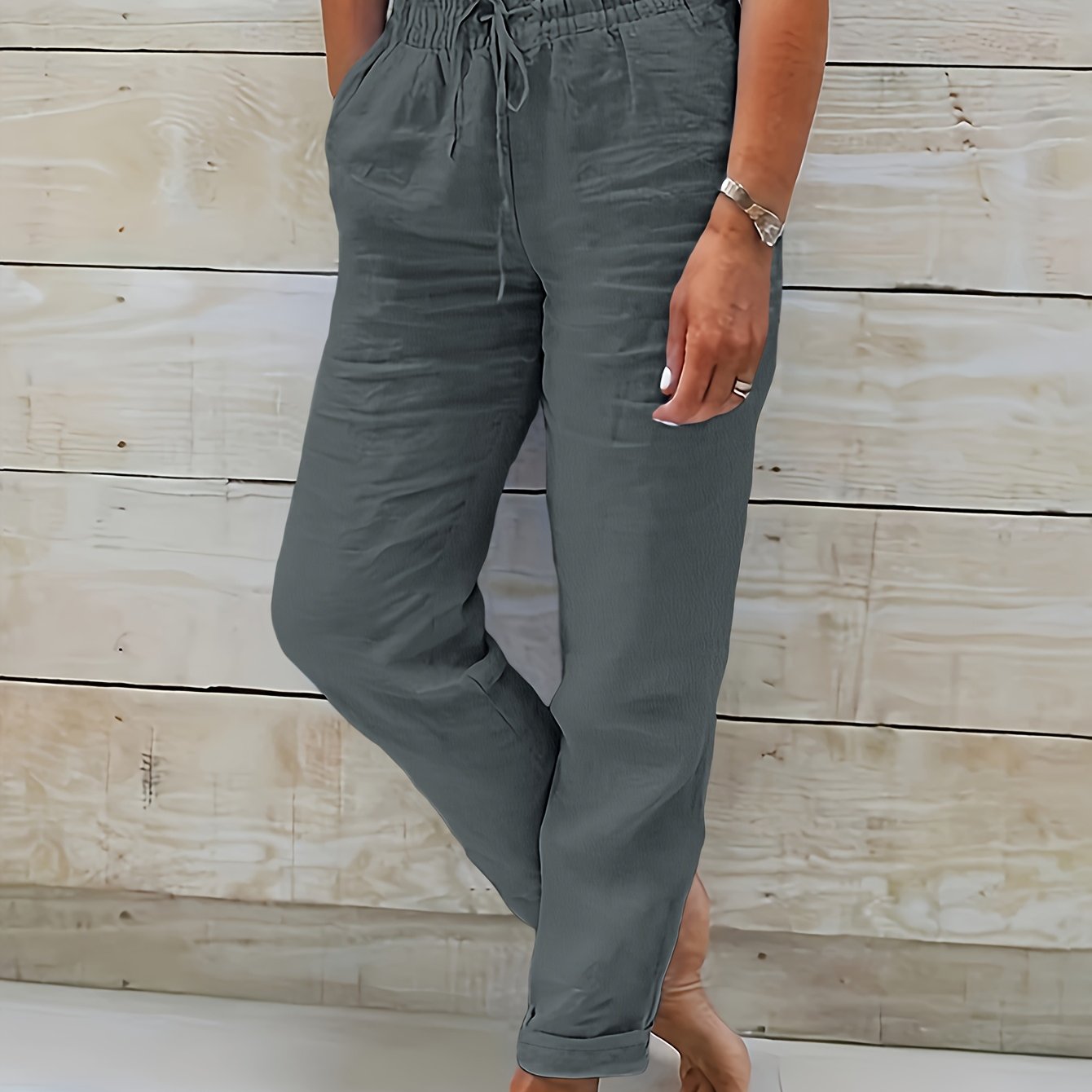 Women's Fashion Casual Solid Color Elastic Waist Drawstring Straight-leg Ankle Pants