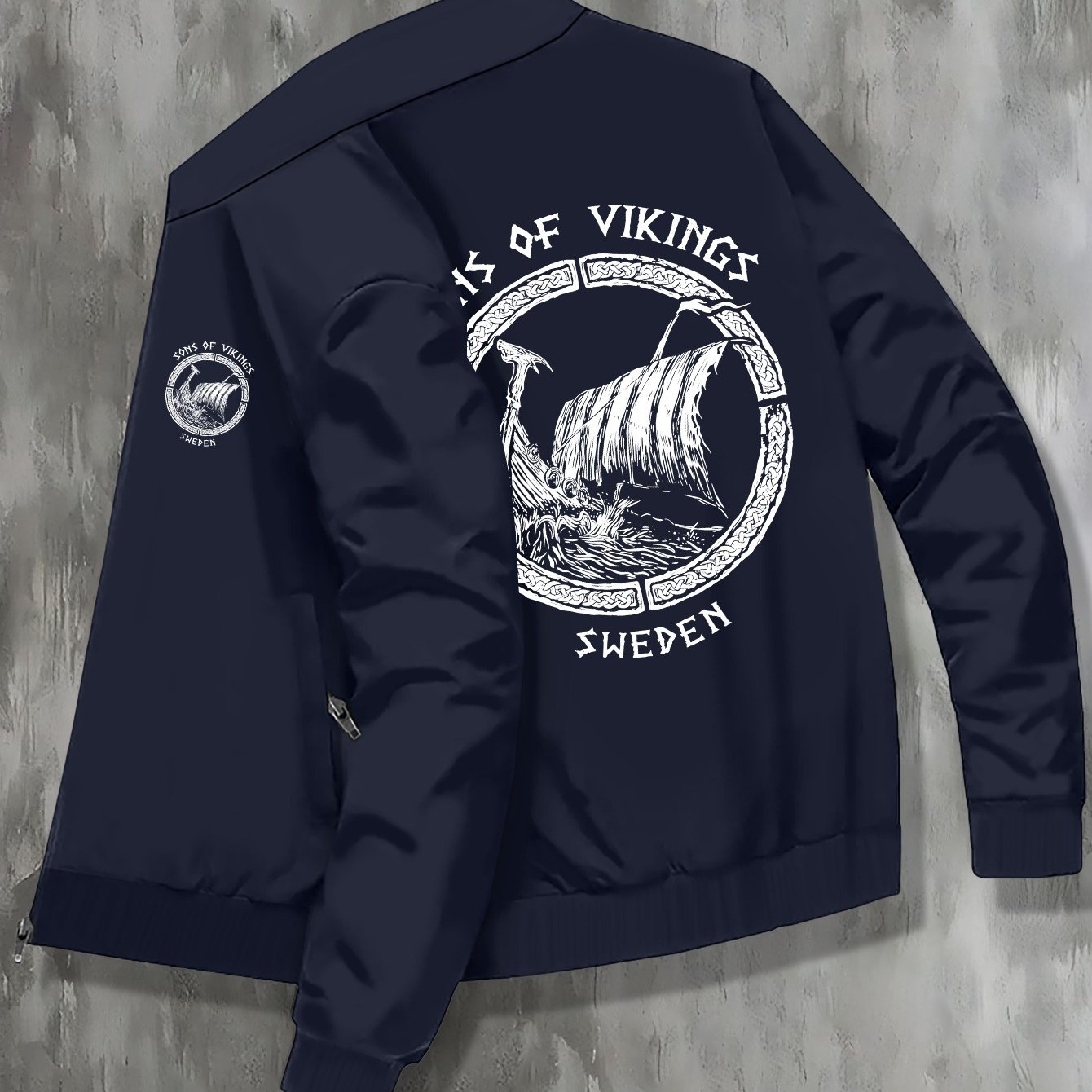 TEMU Men's Plus Size Black Lightweight College Jacket With " Of Sweden" , Zippered Pockets