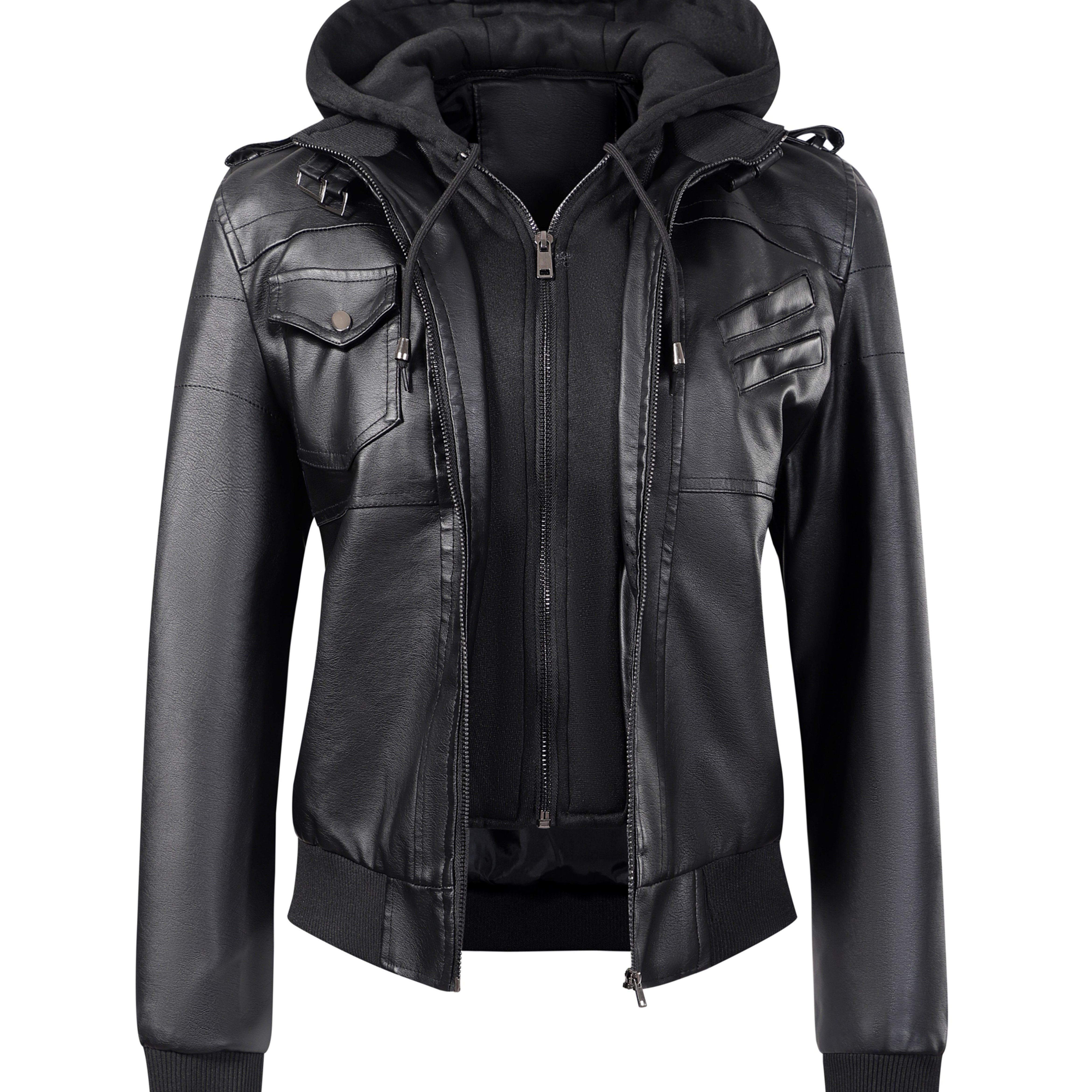 Image of In Stock / Women's Pu Jacket Hooded 2-in-1 Look Motorcycle Jacket For Spring And Autumn Wear, Gift, Women's Jacket, Casual Women's Coat, Jacket