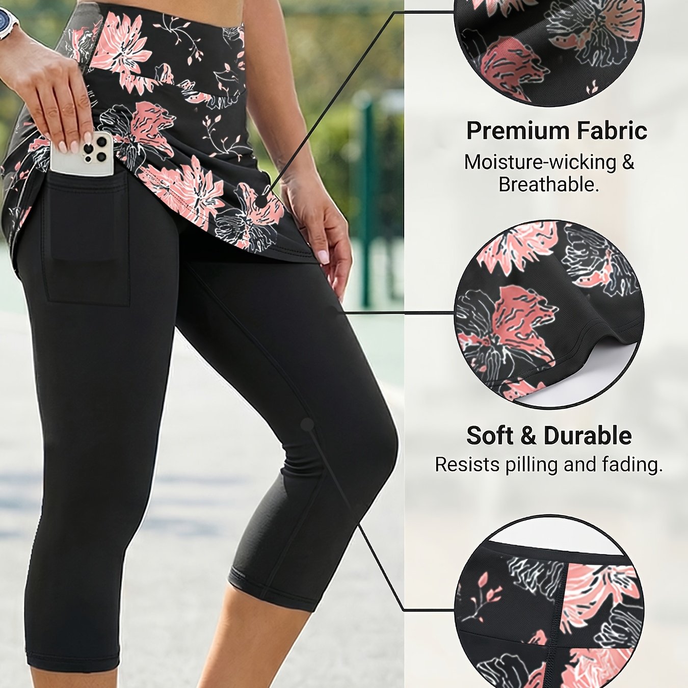 Image of Plus-size Women's Printed Yoga Skort, Side Pockets + Capri Leggings, Soft And Comfortable Fabric, Suitable For Casual Sports, Yoga, Pilates, Running, Gym, And Daily Loungewear