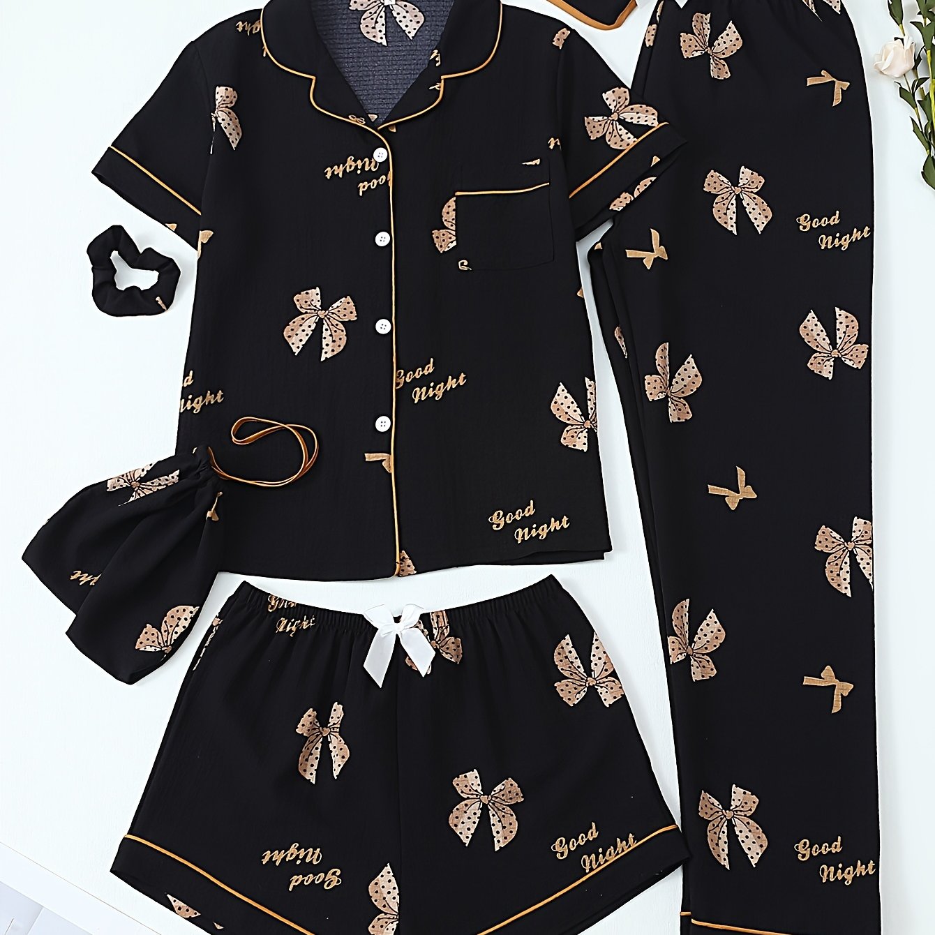 Image of Bowknot Print Youth 6pcs Pajama Set With Short Sleeve Tops, Shorts, And Long Pants, For Teenager
