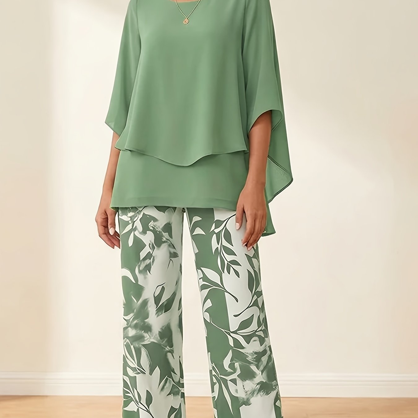 TEMU Completo casual da donna in chiffon, 2 pezzi, top poncho a e pantaloni a larga stampati, outfit da pendolare