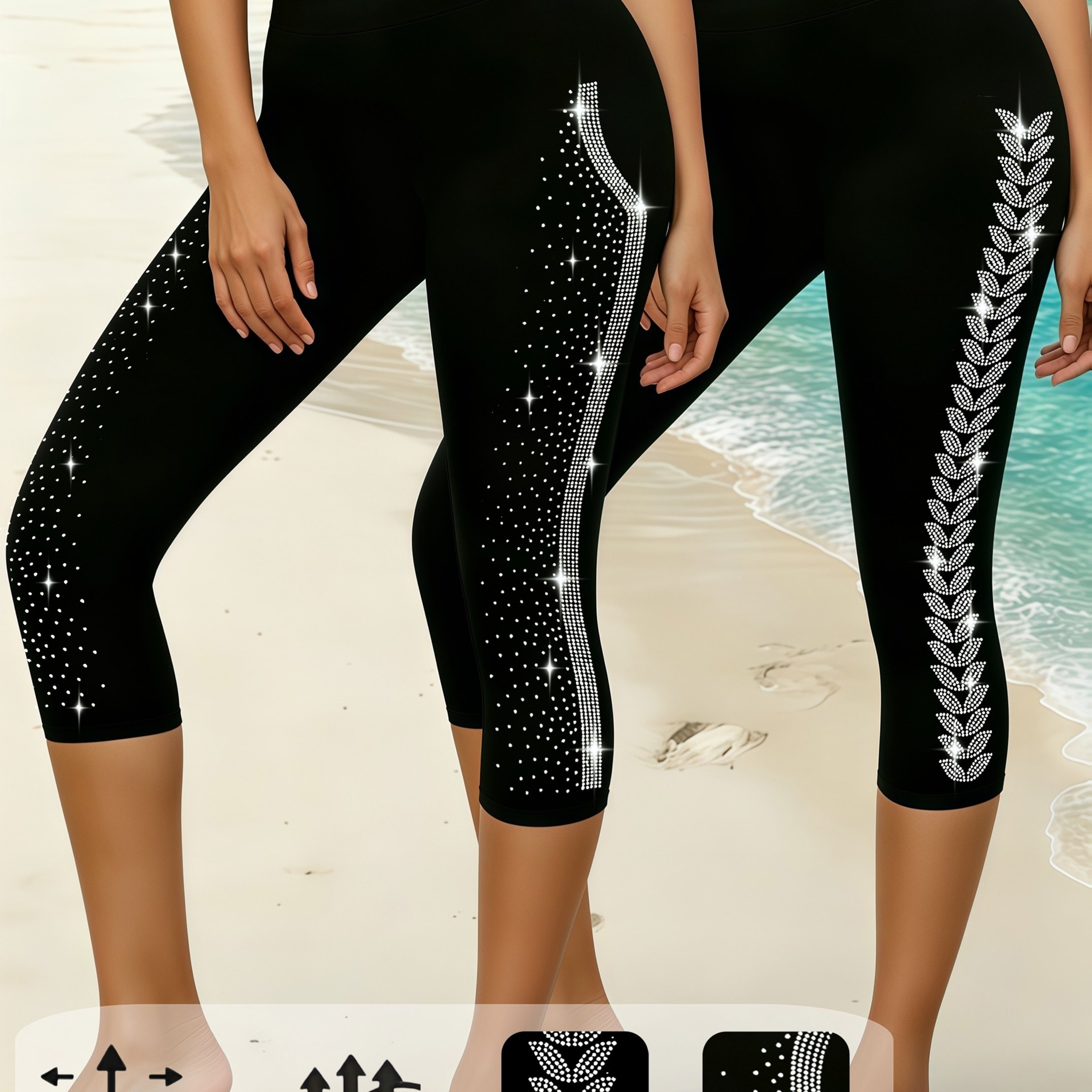 Image of 2pcs Women's Side Curve Leaf Rhinestone Sparkly Capri Pants High Waist Stretchy Breathable Comfortable Fashion Capri Pants For Shopping Entertainment