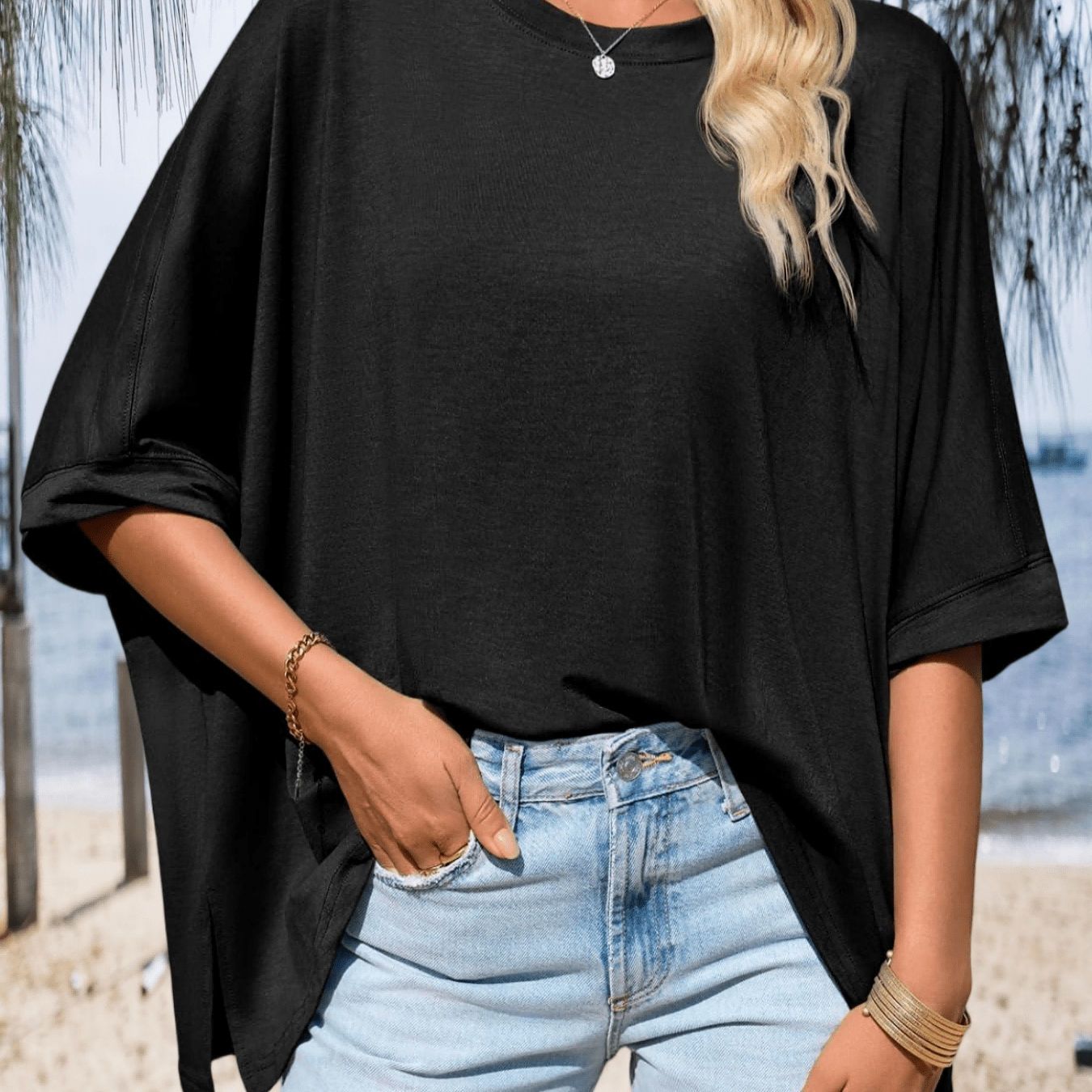 Image of Women's Spring Summer Daily Trendy Oversized Batwing Short Sleeve Tunic - Chic Asymmetric Hem Loose Fit Tee For Summer Casual Fashion