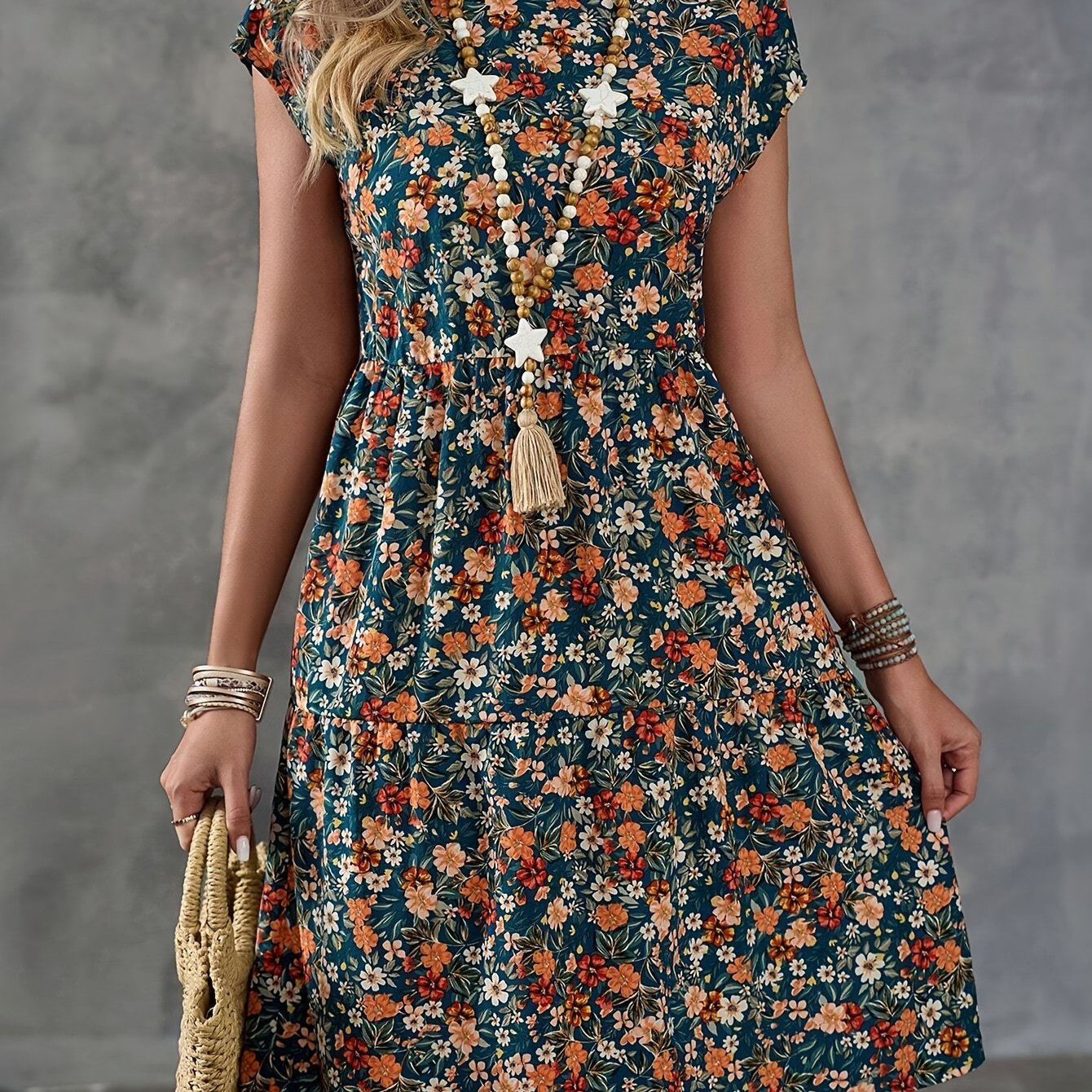 Yiwu Spring And New Women's Printed Round Neck Short Sleeve Dress
