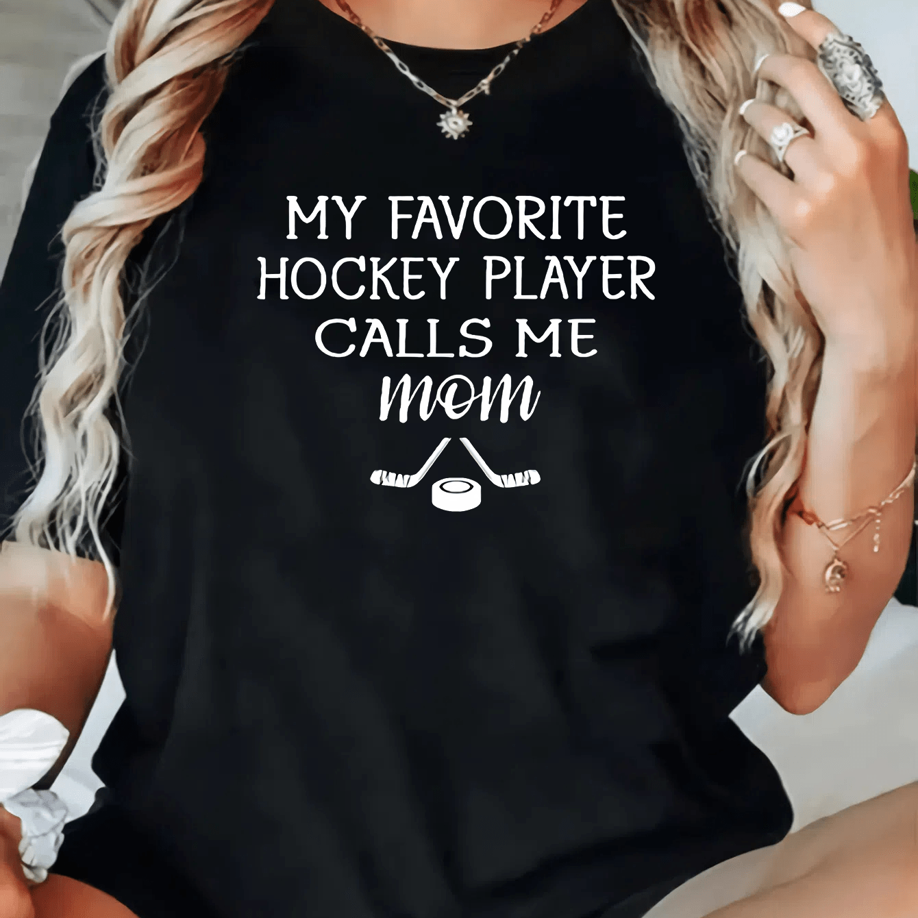 TEMU Plus Size Hockey Print T-shirt, Casual Crew Neck Short Sleeve Top For , Women's Plus Size Clothing