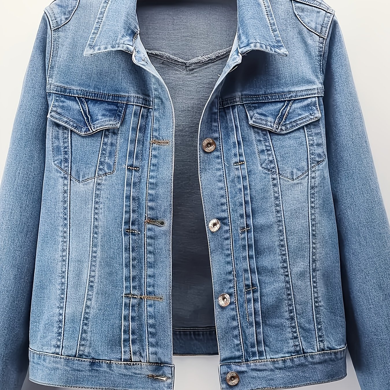 Image of Women's Stretch Denim Jacket - Casual Long Sleeve, Lapel Collar, Ruched Detail And Flap Pockets, Light Blue, Machine Washable, Season, Fall Jacket | Classic Button-up