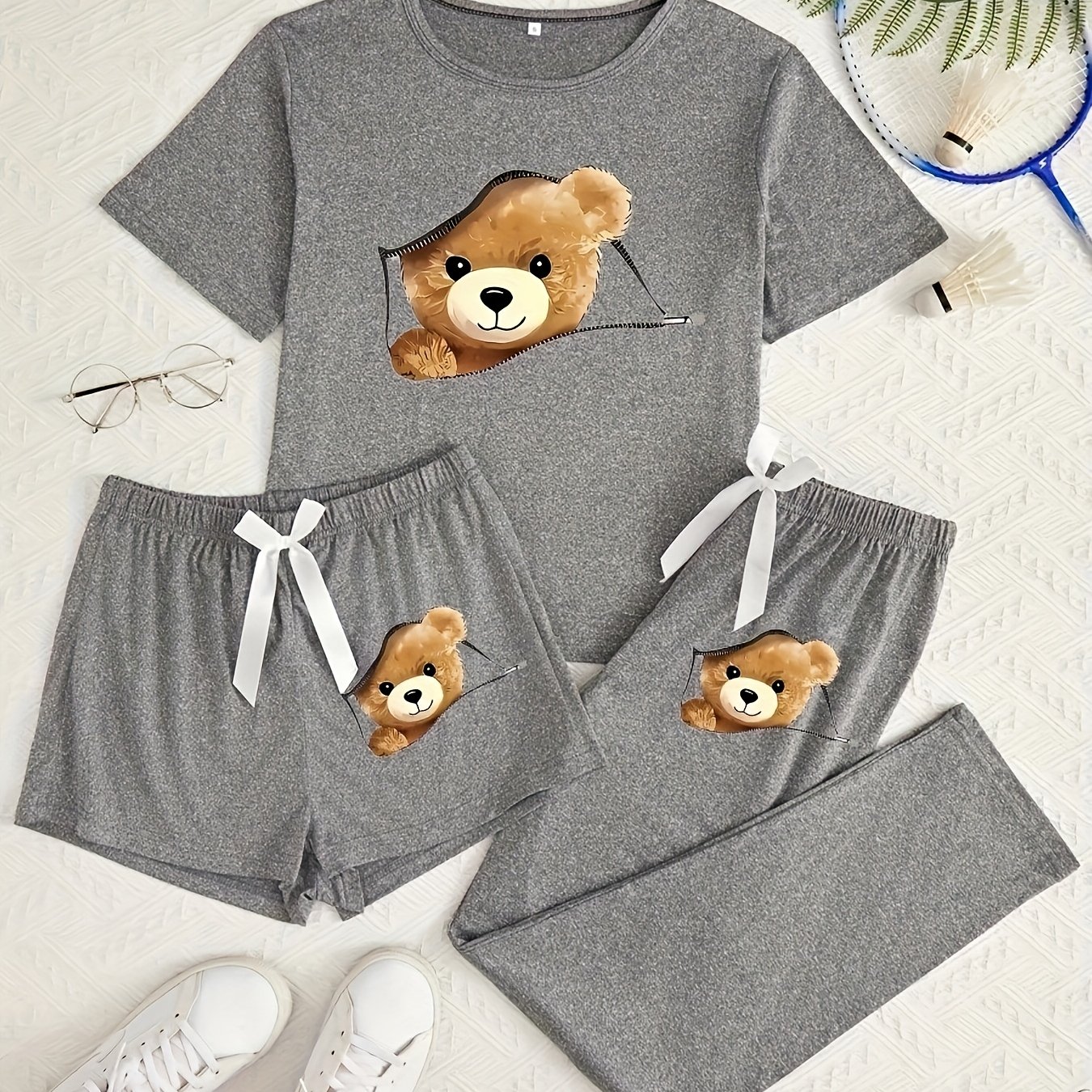 Bear Zipper Pattern Printed Short Sleeved T-shirt Shorts And Trousers 3 Sets