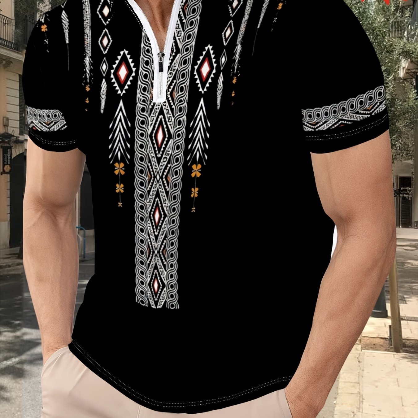 TEMU Fashionable Ethnic Style Geometric Pattern Zip-up Shirt For Men, Short-sleeved Summer Casual Trendy Printed Turn- Collar T-shirt