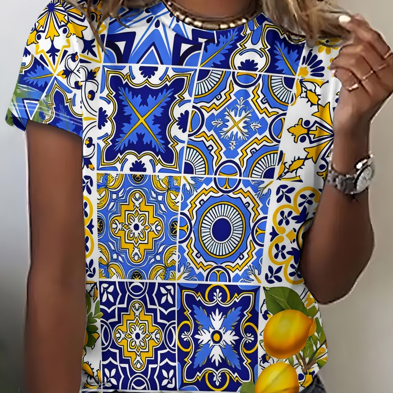 TEMU Women's Summer Short-sleeve T-shirt - Blue & Yellow Checkered Lemon Tile Print Crew Neck Blouse-compatible Top | Machine Washable Polyester