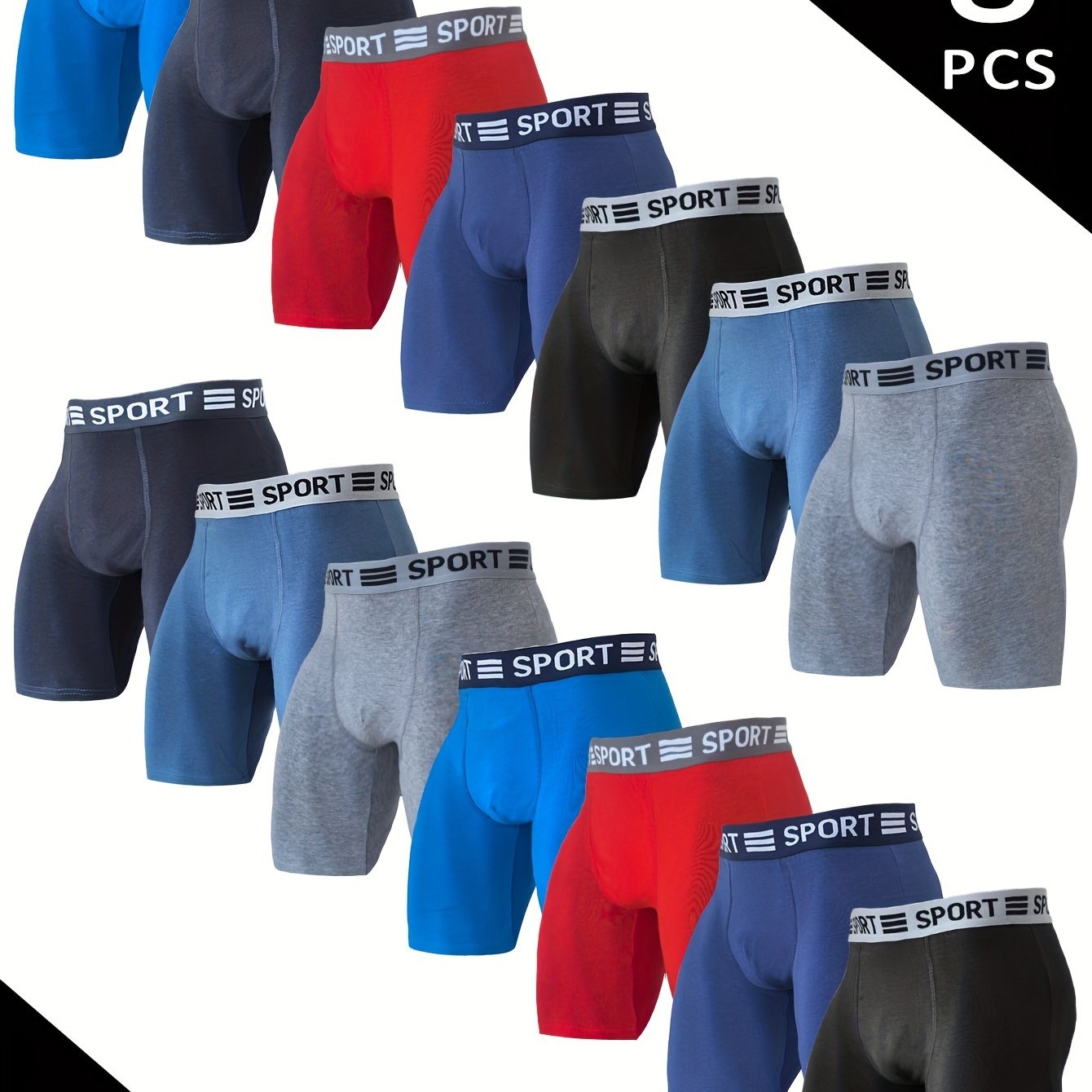 Random 8pcs Assorted Solid Color Extended Leg Men's Underwear