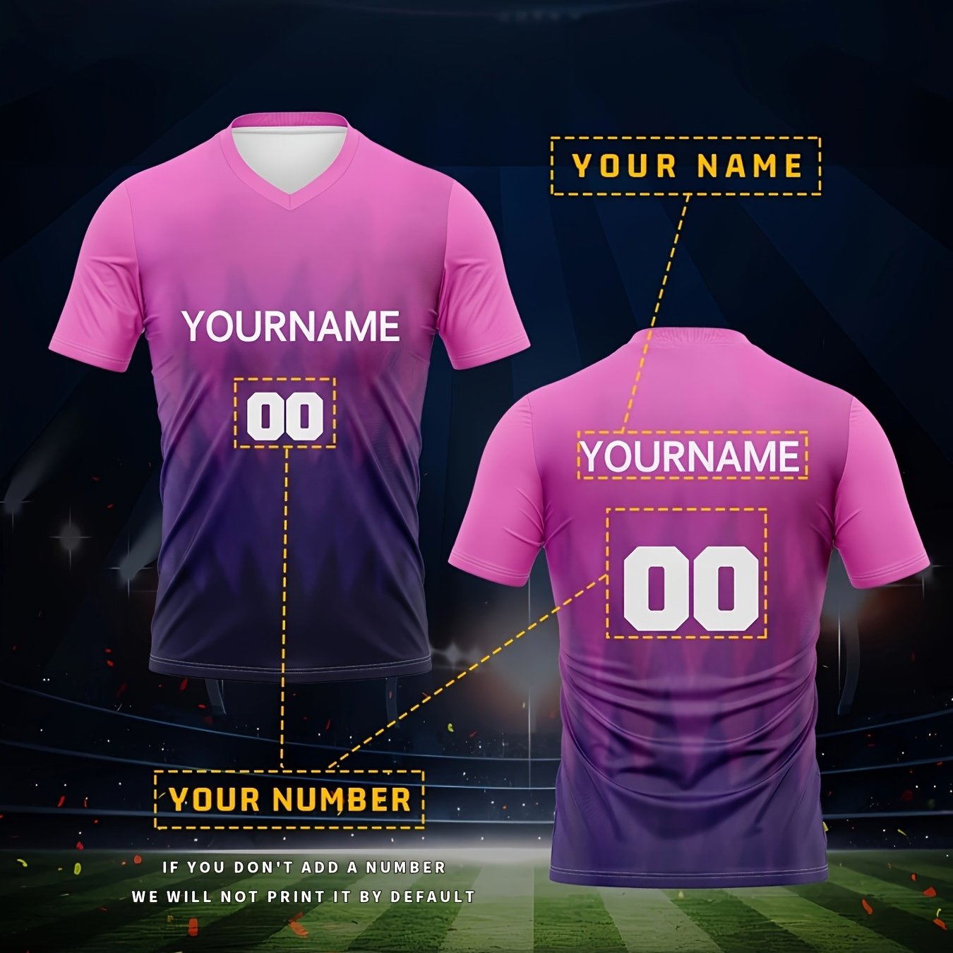 TEMU Customizable V-neck Soccer Jersey For Adults - Pink To Purple Gradient, Personalized Name & Number, Breathable Polyester, Ideal For Sports Parties & Summer Events