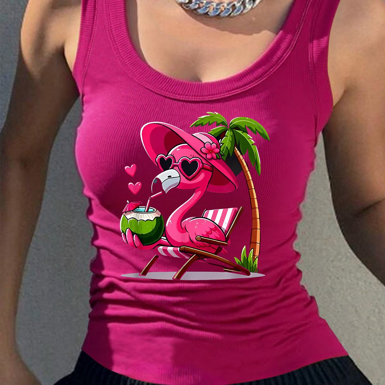 Flamingo Drinking Coconut Cartoon Print, Women's Fashion Camisole, Lightweight Women's Clothing, , Y2k Style, Streetwear Personality Style