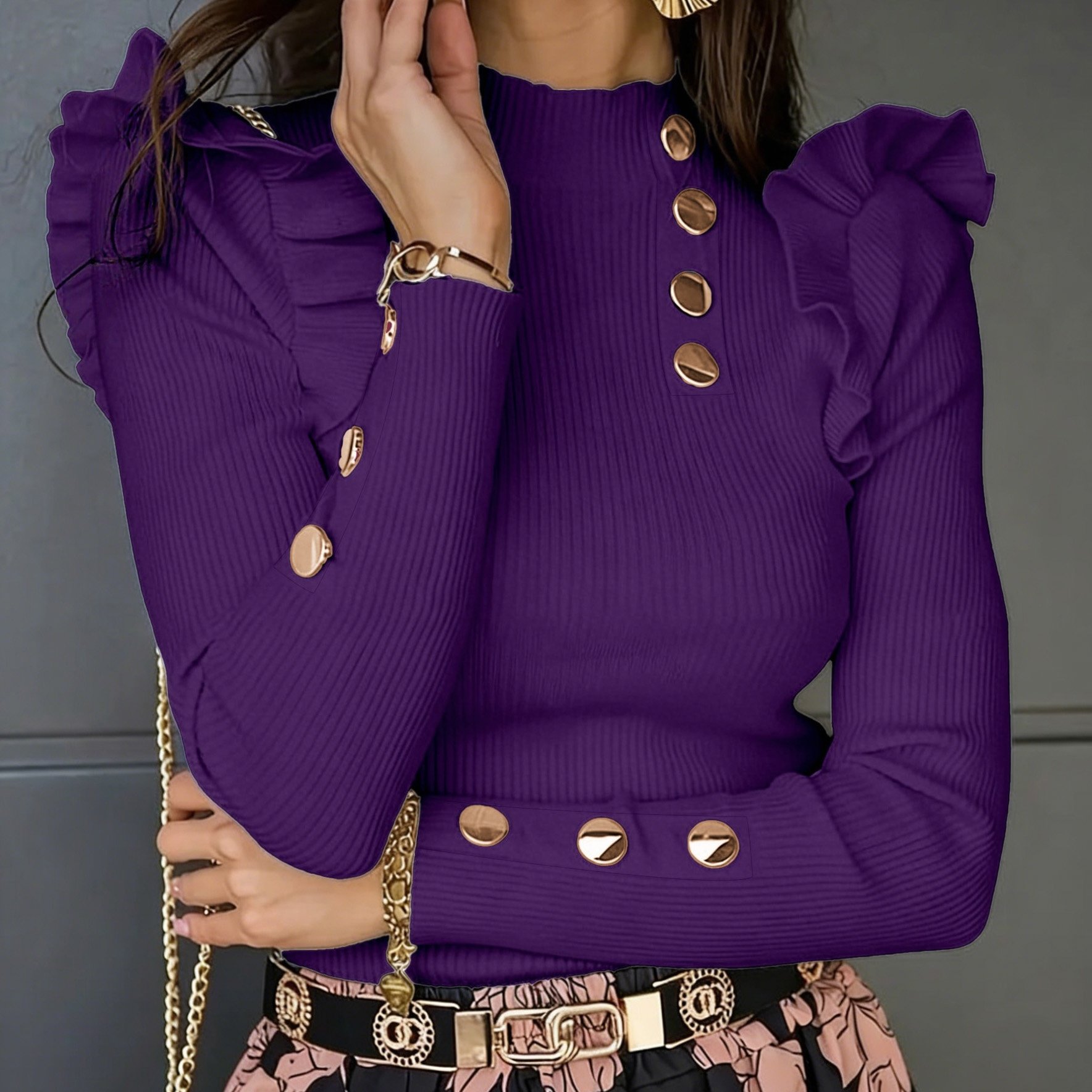TEMU Top fino acanalado para mujer, puños con volantes y de botones, blusa elástica elegante adecuada para citas y oficina