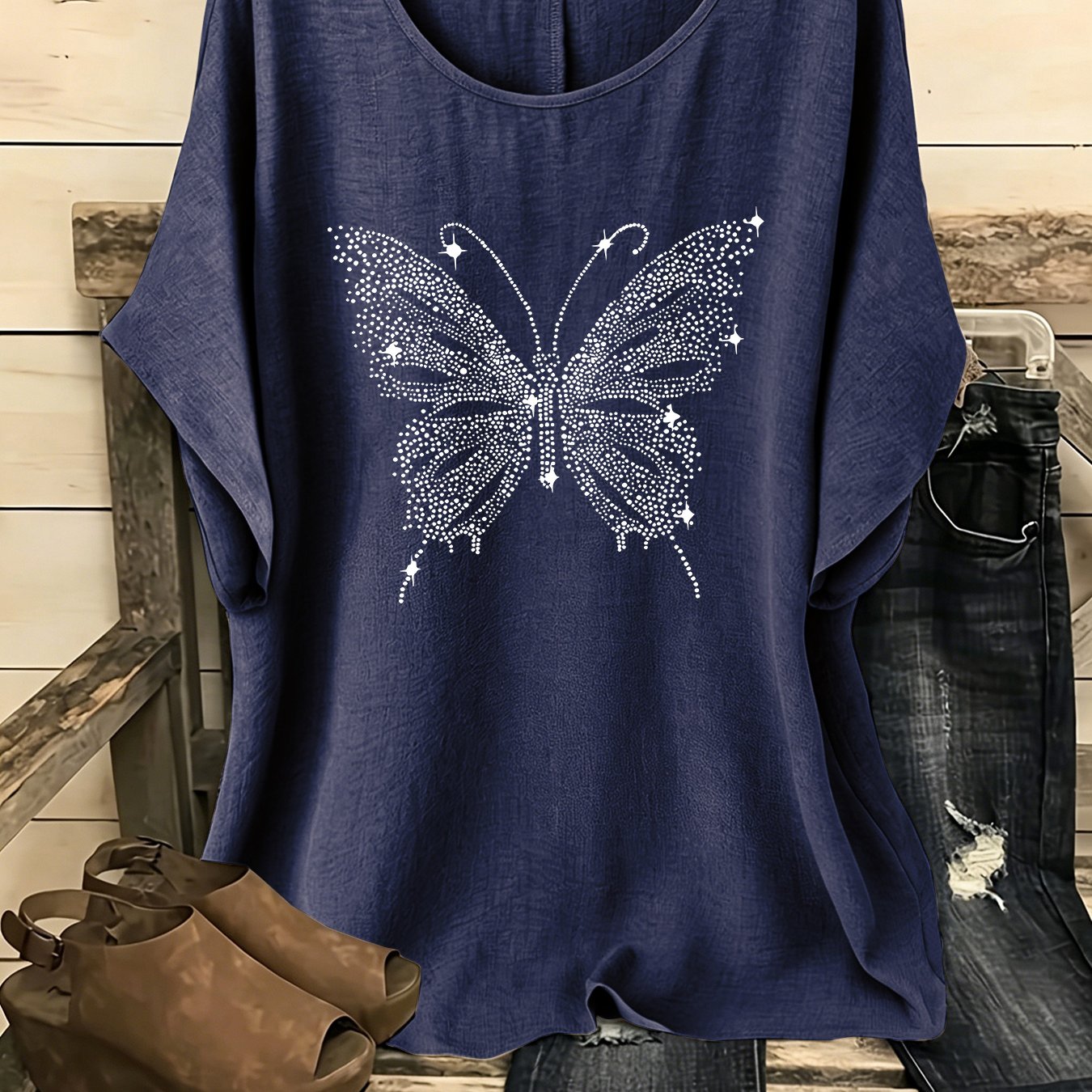 TEMU European And American Women' Creative Bohemian Floral Round Neck Drop Shoulder Sleeve Shirt, Elegant Party Women's Wear, Suitable For Spring,