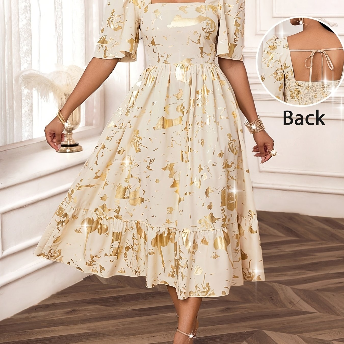 TEMU Elegant Light Luxury Square Neck Puff Sleeve Waist-cinching Evening Party Dress
