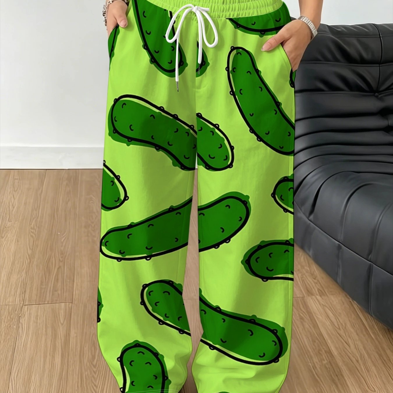 TEMU Women's Loose-fit Cartoon Cucumber Wide-leg Pants, High-waist Drawstring Draped Straight-leg Trousers, Versatile Casual Long Pants, Base With