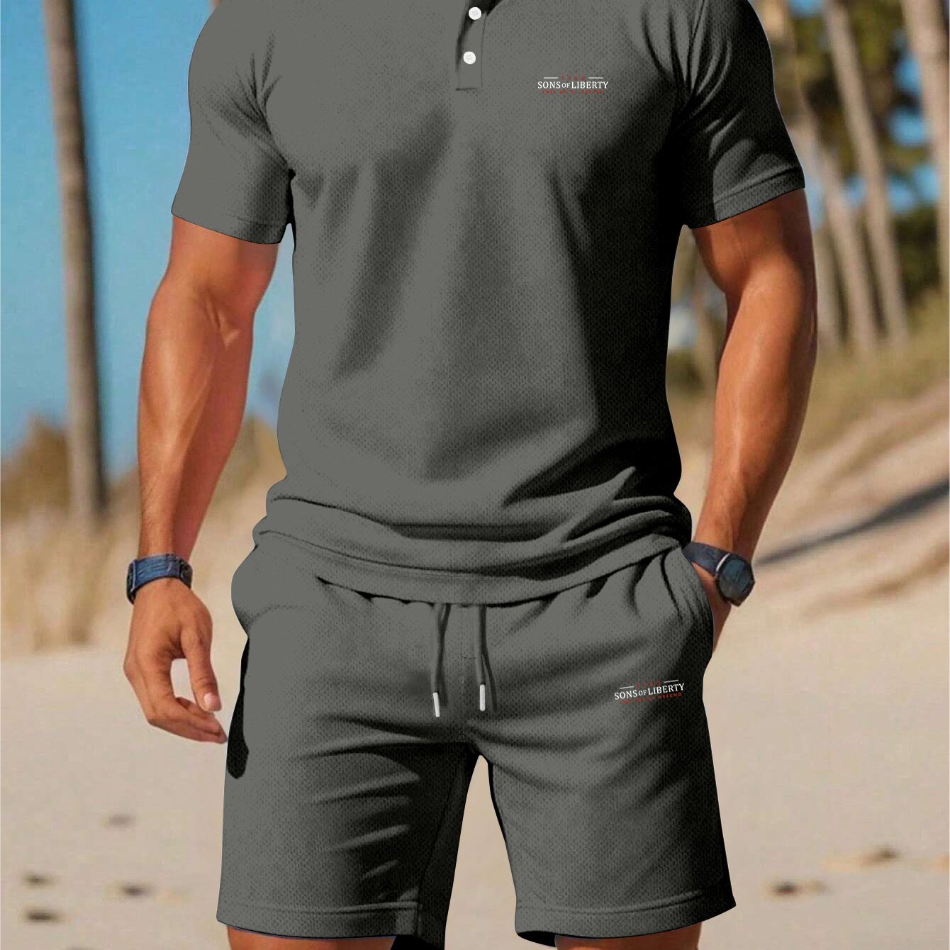TEMU Casual Sporty Printed Shirt And Shorts 2pcs Set For Daily Outdoor, Beach, And Commuting Wear